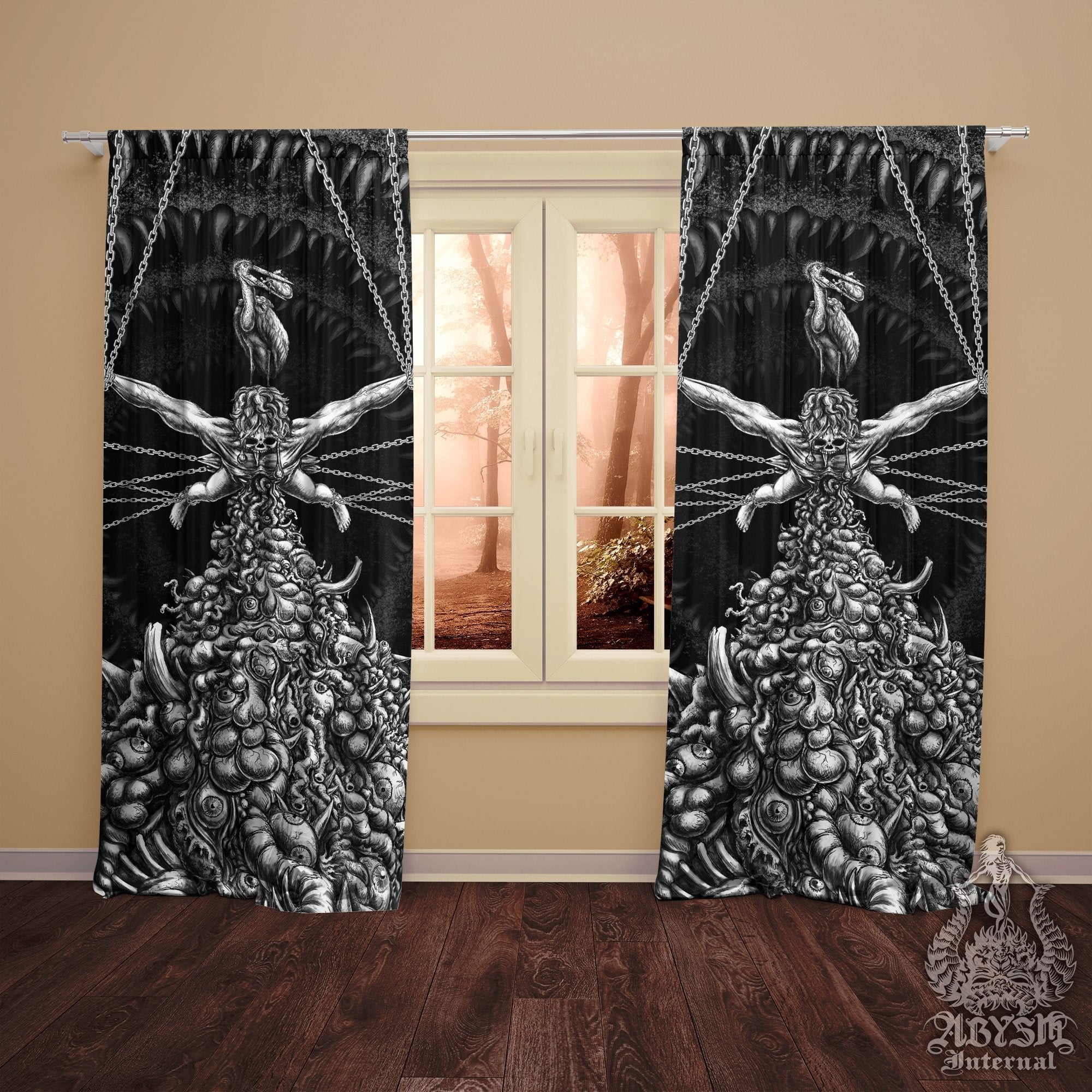Horror Blackout Curtains, Long Window Panels, Macabre Art Print, Satanic Room Decor - Gothic Hell, Gore Purging - Abysm Internal