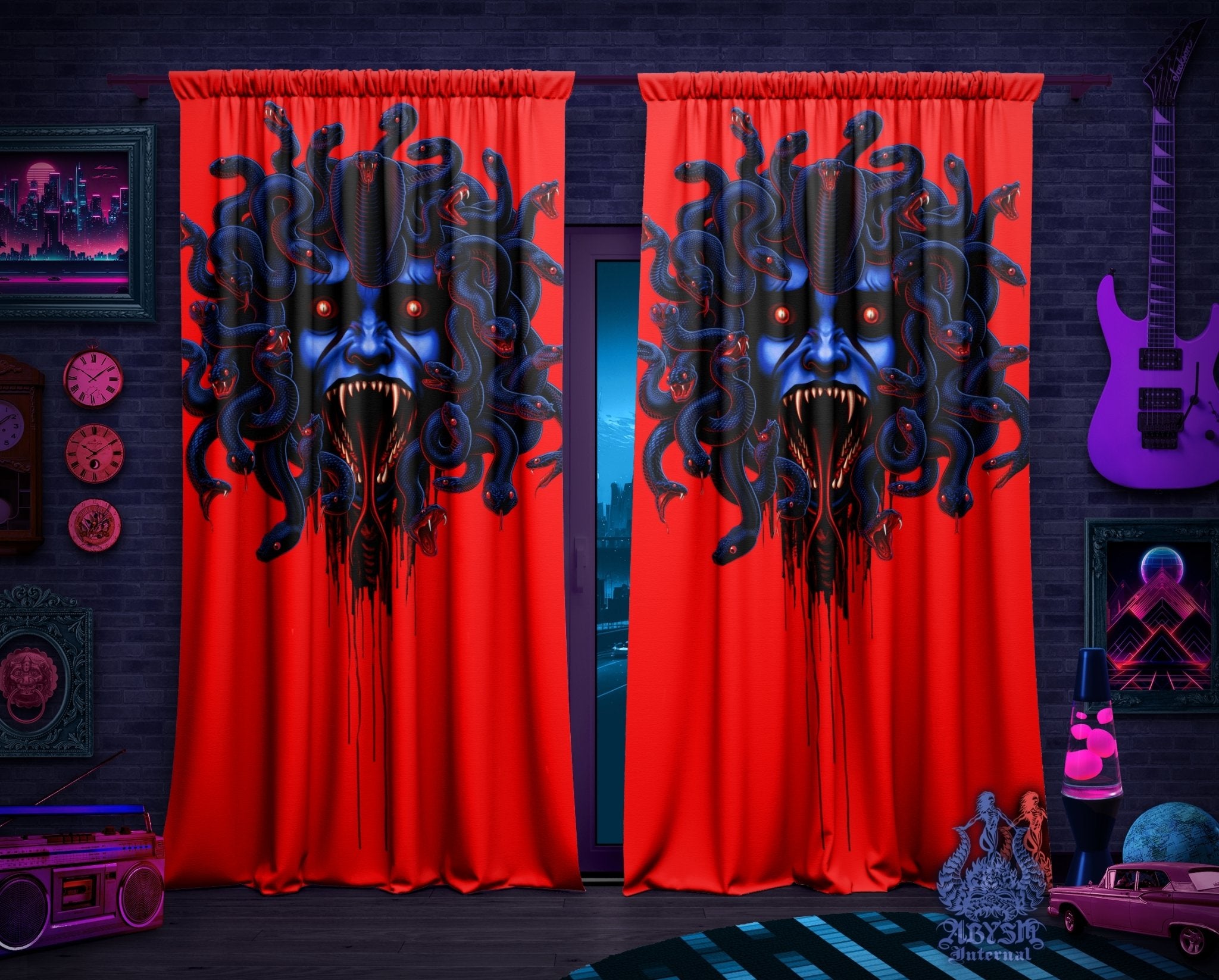 Horror Blackout Curtains, Long Window Panels, Medusa Art Print, Halloween Room Decor - Gothic Neon, Black Snakes, Scream - Abysm Internal