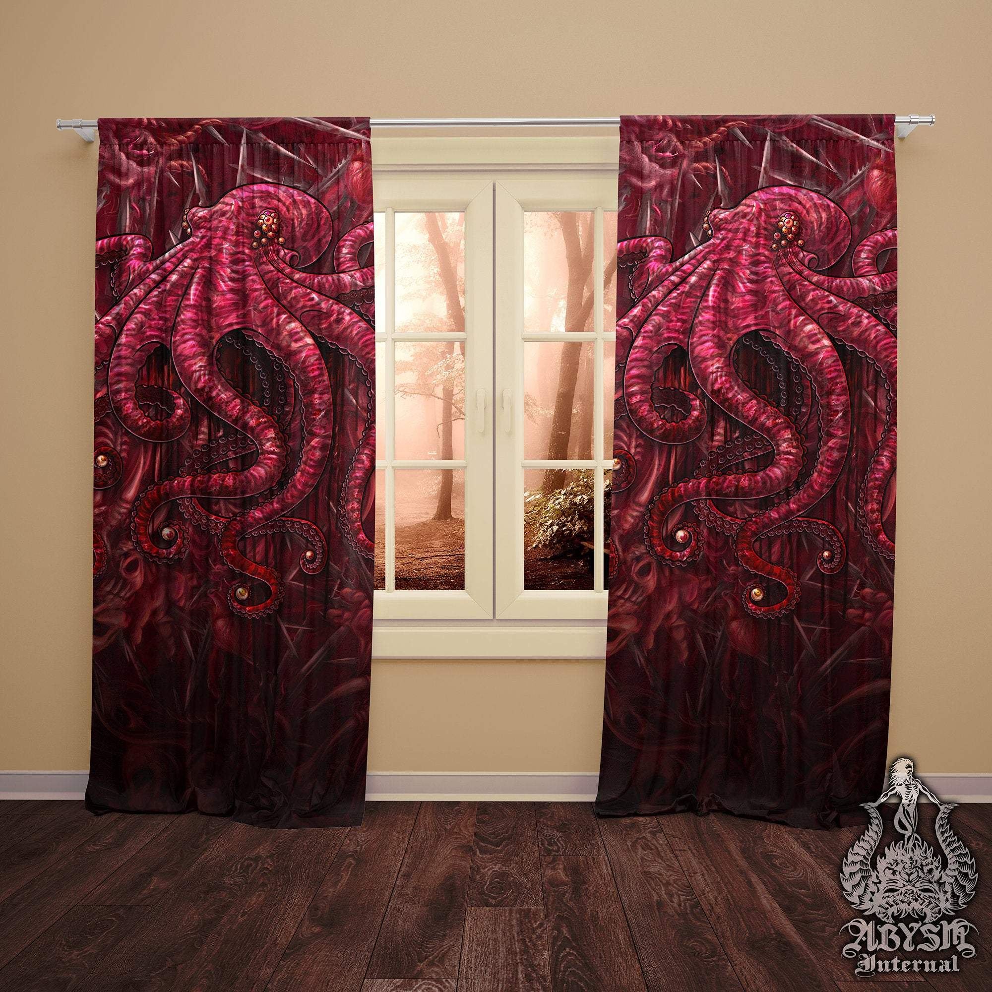 Horror Blackout Curtains, Long Window Panels, Octopus Art Print, Halloween Decor - Gore & Blood and Eyeballs - Abysm Internal