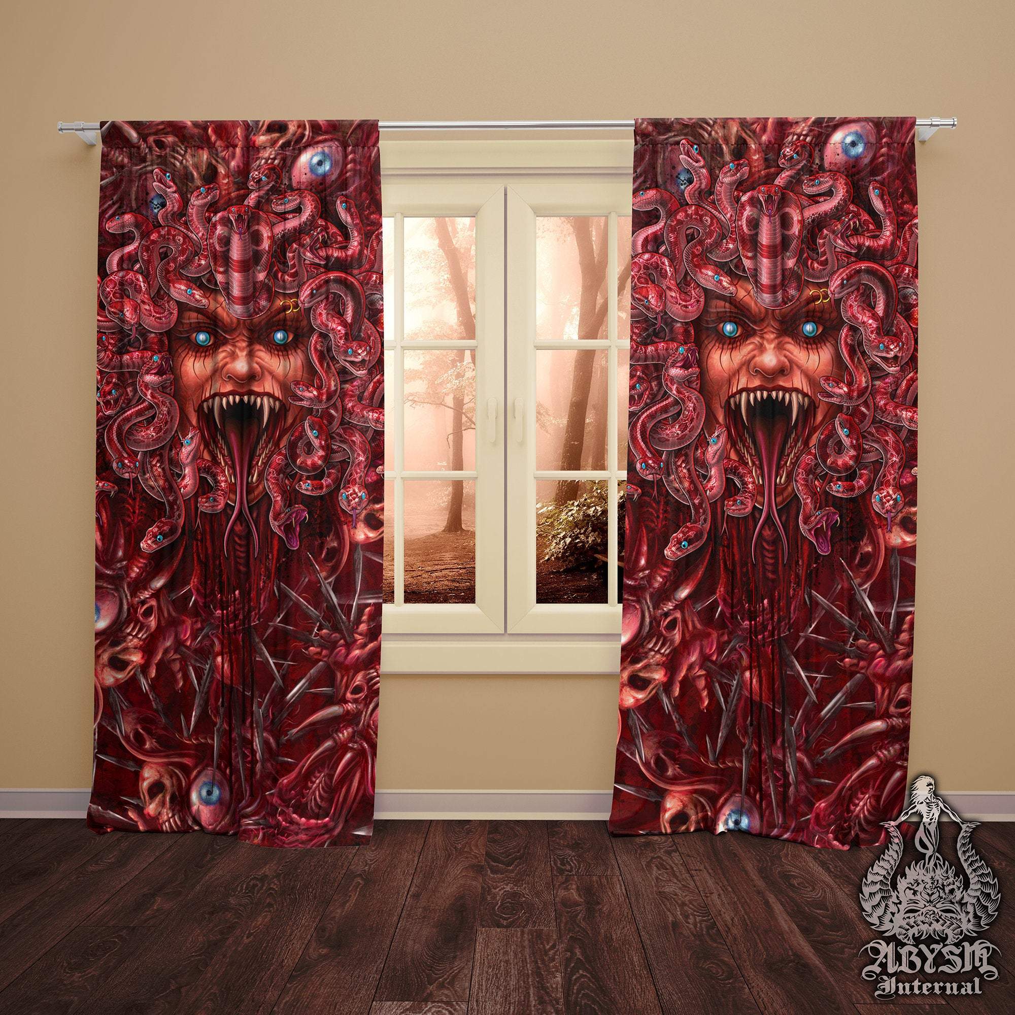 Horror Blackout Curtains, Long Window Panels, Spooky Art Print, Halloween Decor - Gore and Blood, Medusa & Snakes, Rage - Abysm Internal