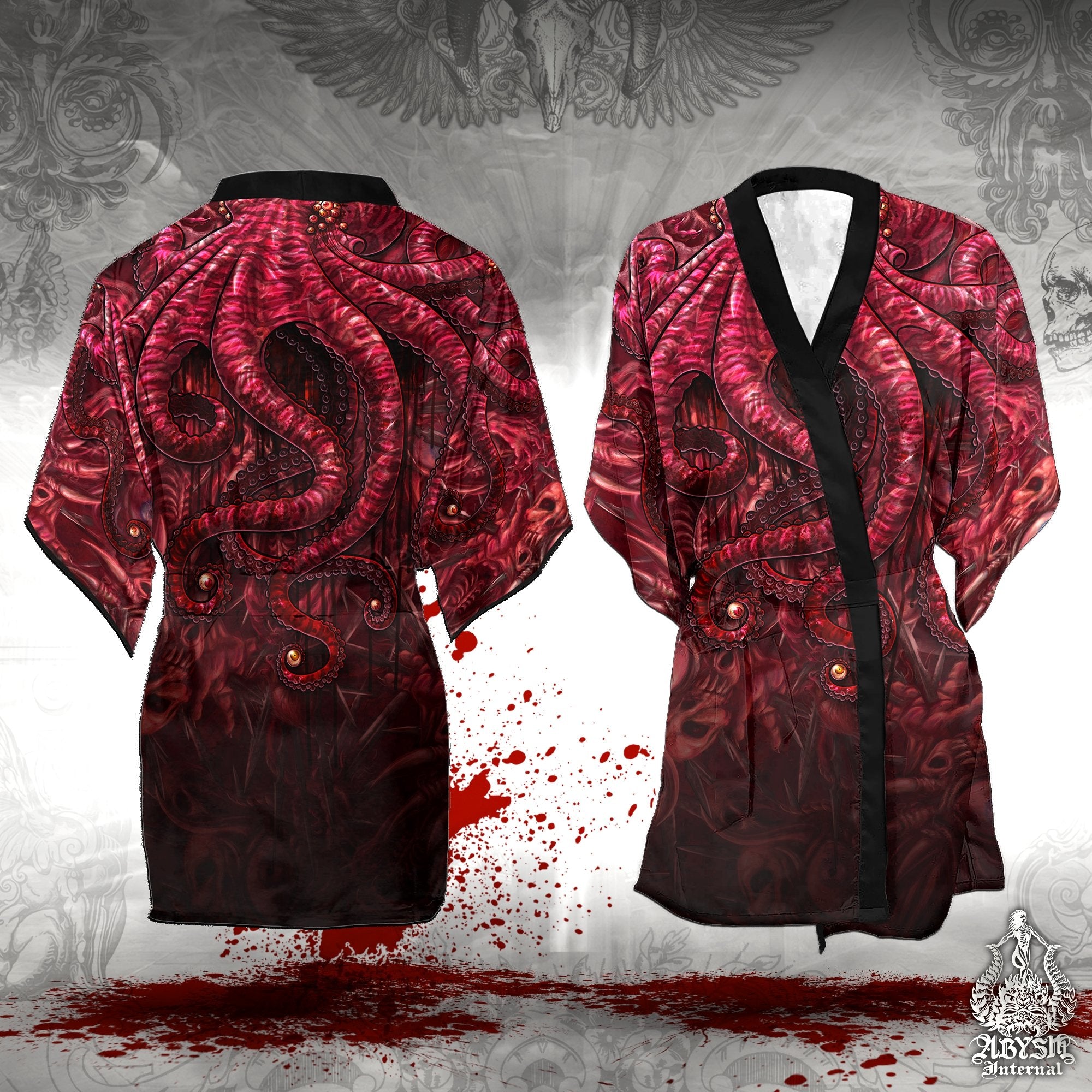 Horror Cover Up, Beach Outfit, Octopus Party Kimono, Beach Summer Festival Robe, Halloween Streetwear, Unisex - Gore and Blood - Abysm Internal
