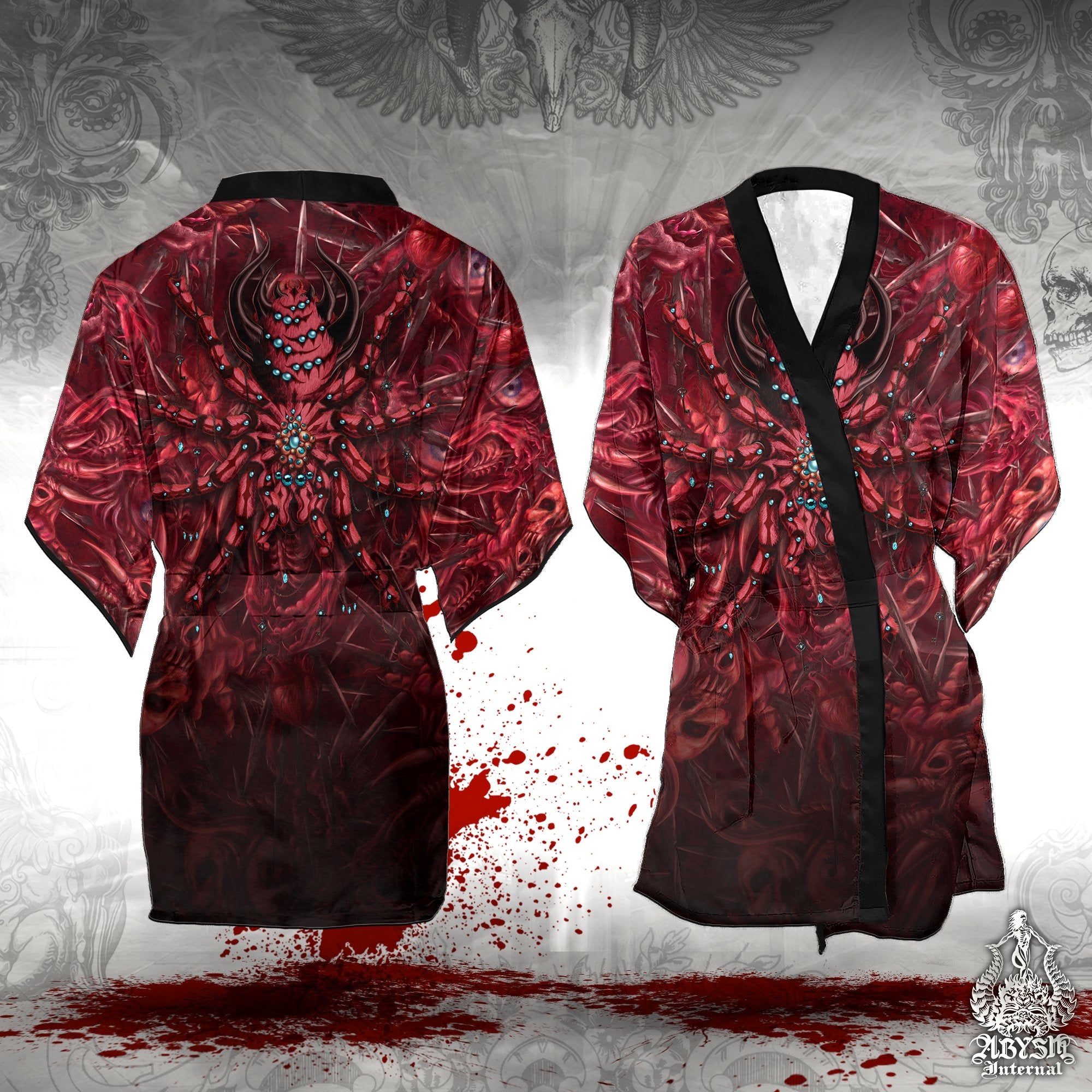Horror Cover Up, Halloween Outfit, Spider Party Kimono, Summer Festival Robe, Alternative Clothing, Unisex - Tarantula, Gore and Blood - Abysm Internal