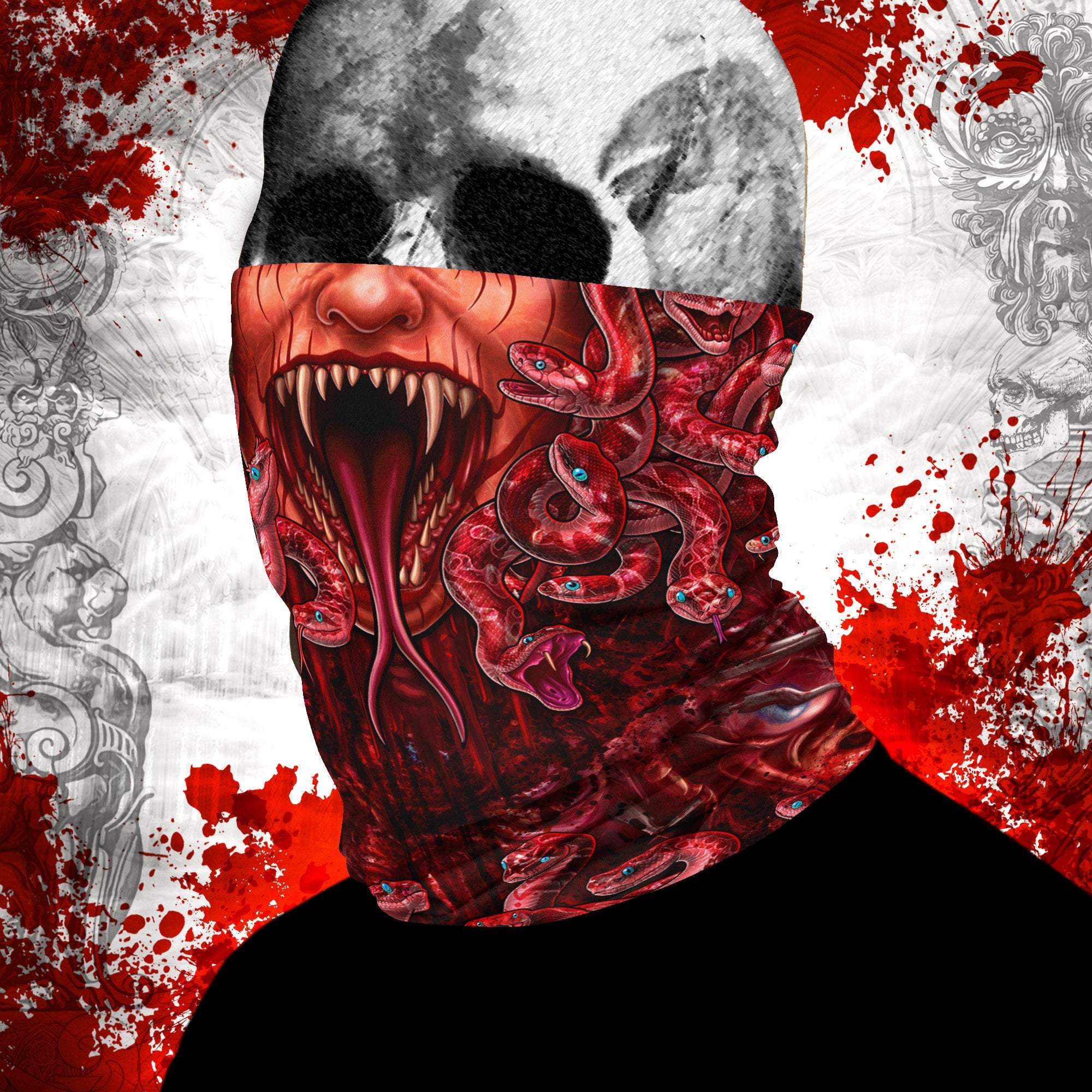 Horror Neck Gaiter, Face Mask, Head Covering, Snakes Headband, Medusa, Halloween, Skull Art - Gore & Flesh, 3 Face Options - Abysm Internal