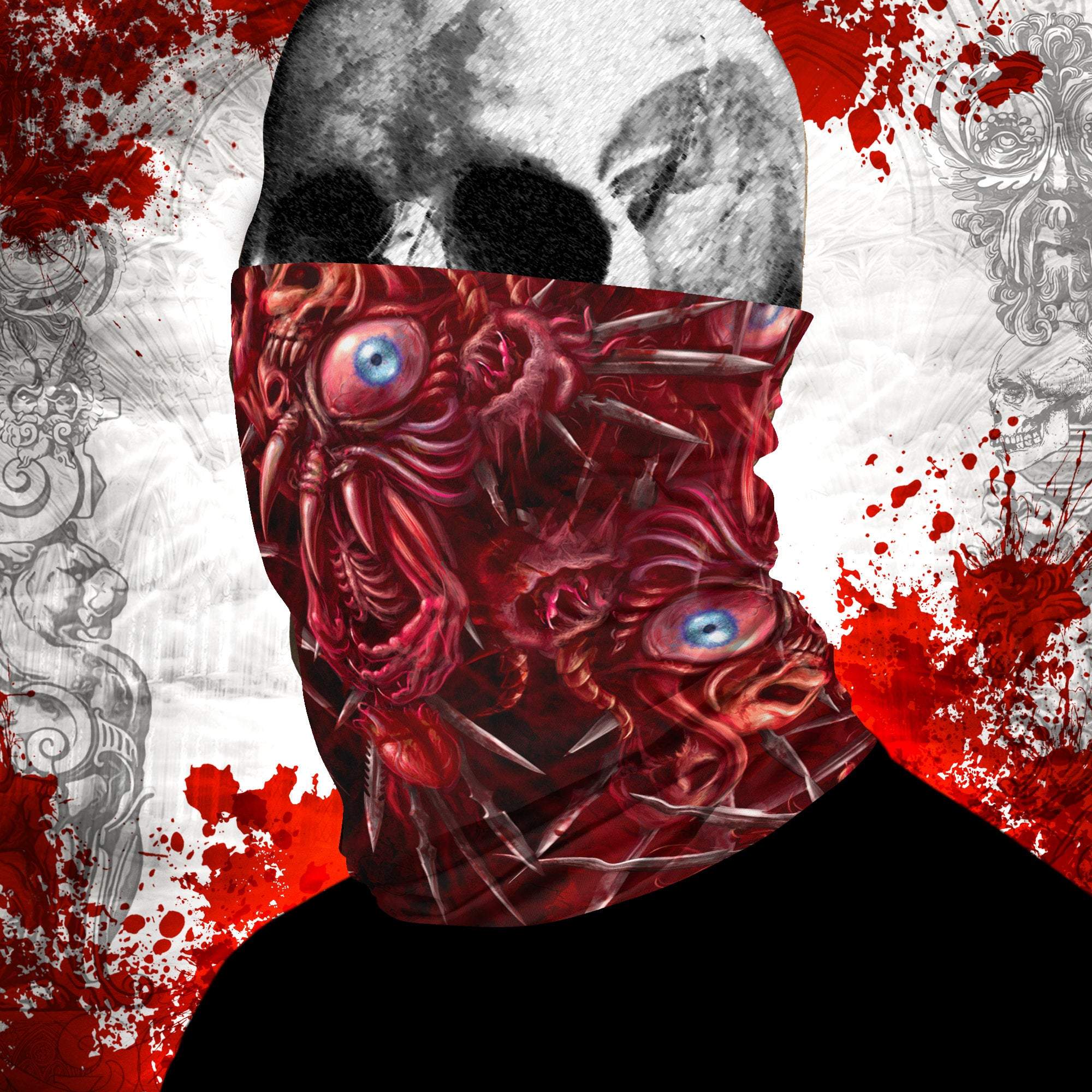 Horror Neck Gaiter, Face Mask, Head Covering, Spooky, Halloween, Street Outfit - Gore & Flesh, Cross - Abysm Internal