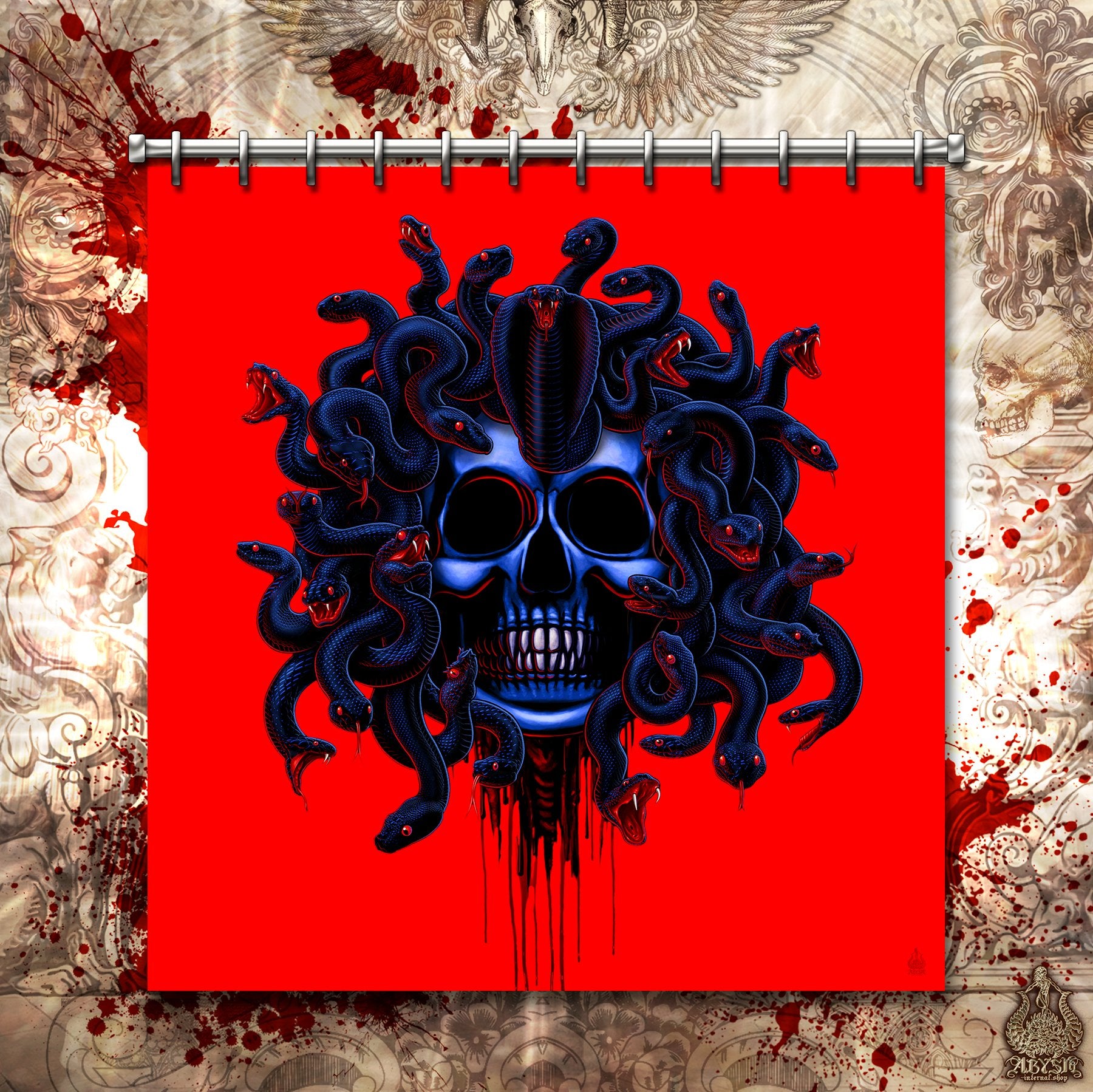 Horror Shower Curtain, 71x74 inches, Black and Red Medusa, Gothic Bathroom Decor, Neon Gothic - Snakes, 3 Faces - Abysm Internal