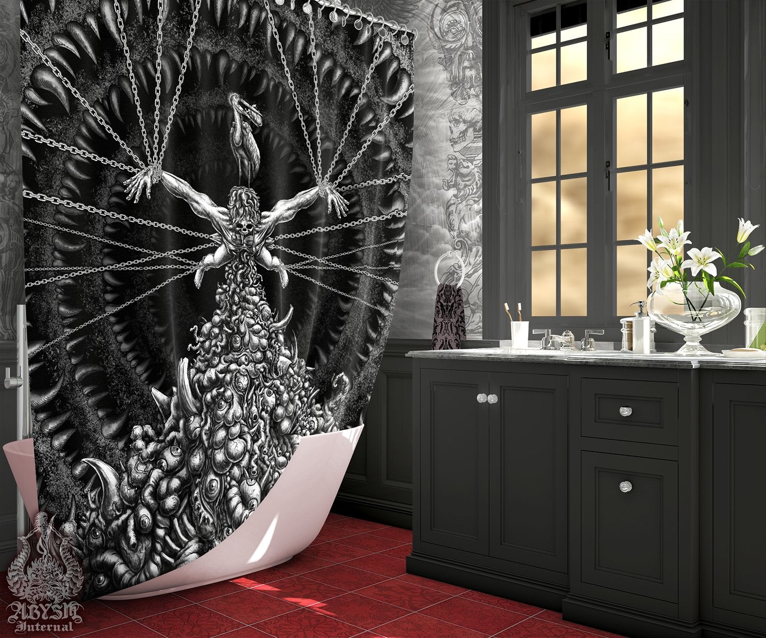Horror Shower Curtain, Goth Bathroom Decor - Gothic Hell, Purging - Abysm Internal