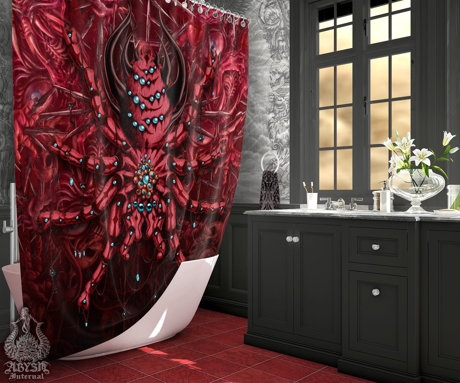 Horror Shower Curtain, Halloween Bathroom Decor, Scary Home - Spider, Gore and Blood, Tarantula Art - Abysm Internal