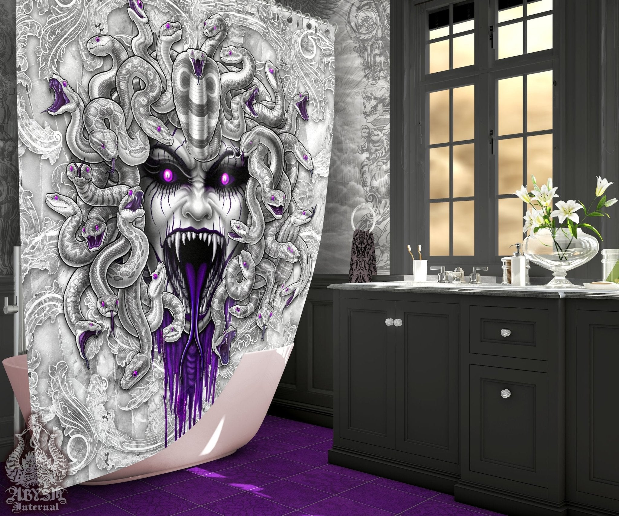 Horror Shower Curtain, Halloween, Gothic Bathroom Decor - Enraged Medusa, White Goth & Purple Snakes - Abysm Internal