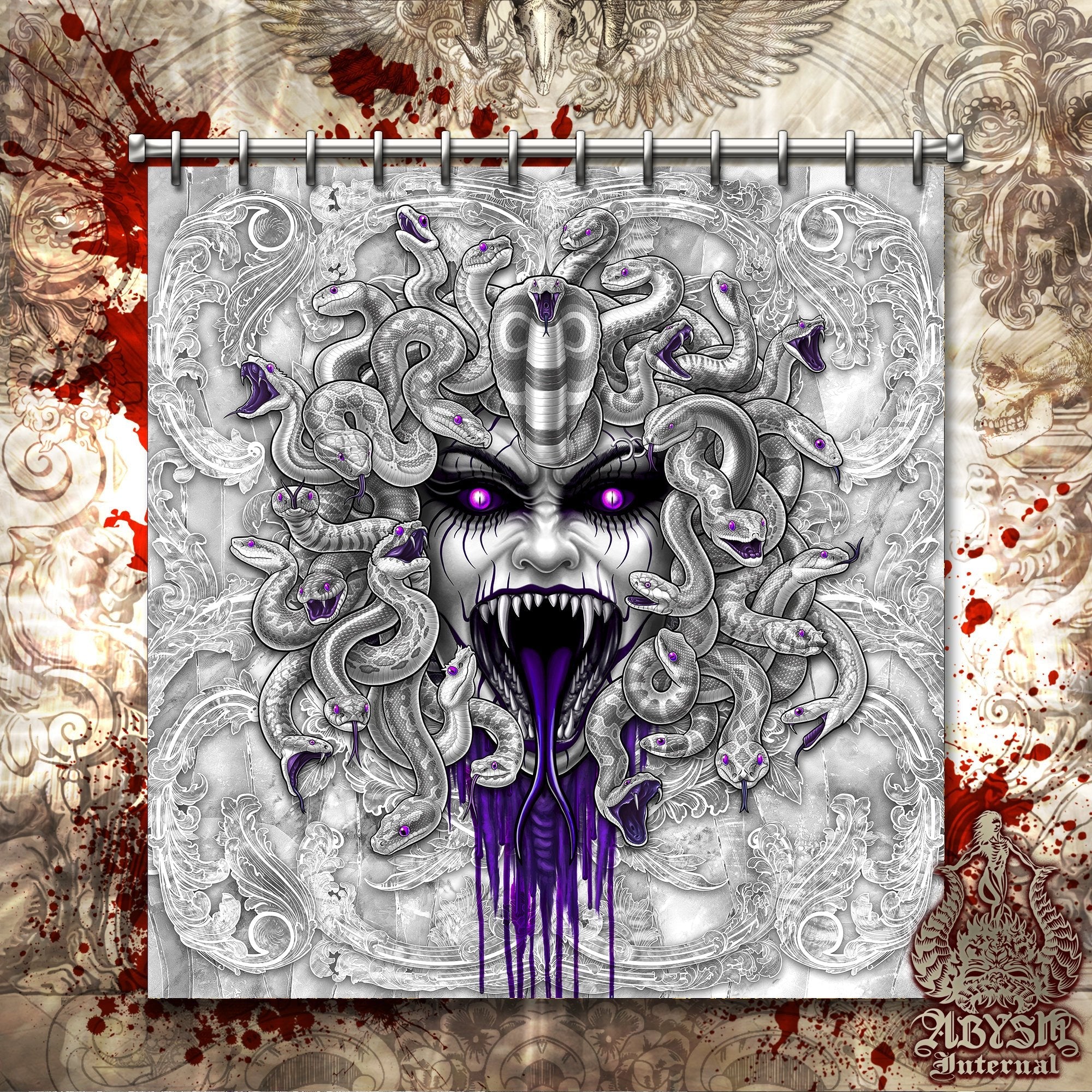 Horror Shower Curtain, Halloween, Gothic Bathroom Decor - Enraged Medusa, White Goth & Purple Snakes - Abysm Internal