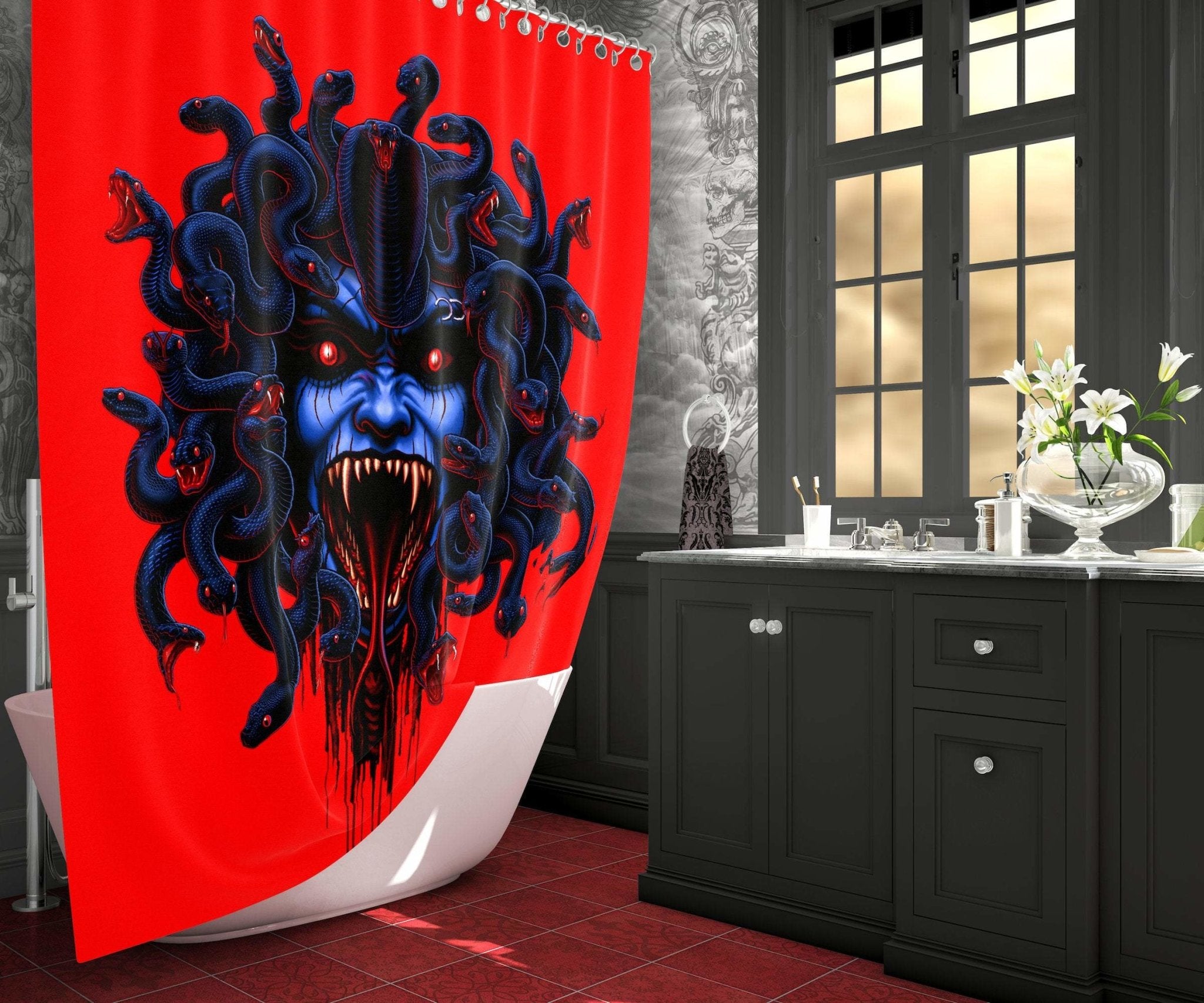 Horror Shower Curtain, Medusa, Gothic Bathroom Decor, Neon Gothic - Black Snakes, Enraged - Abysm Internal