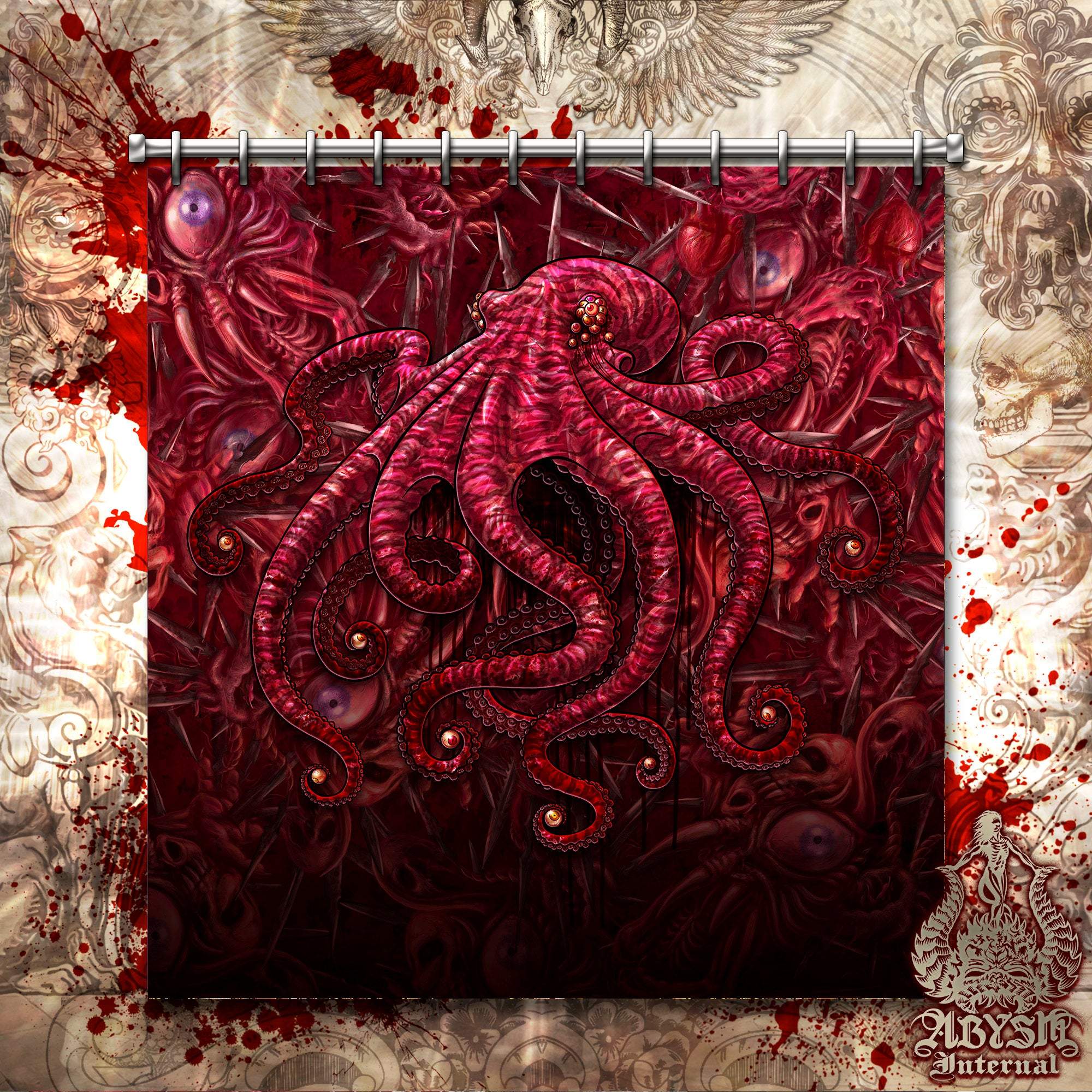 Horror Shower Curtain, Octopus, Gothic Bathroom Decor, Halloween - Gore & Blood Monster - Abysm Internal