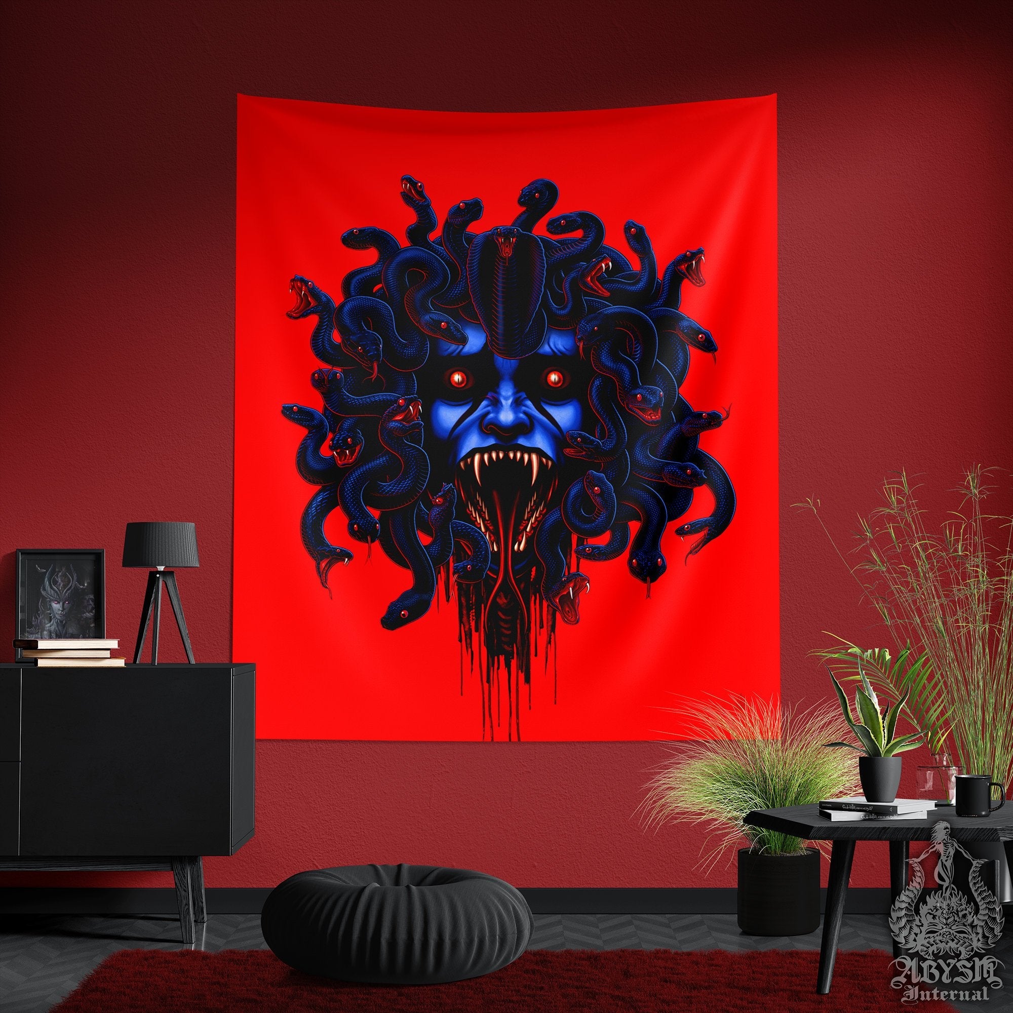 Horror Tapestry, Monster Wall Hanging, Halloween Home Decor, Art Print - Neon Medusa & Snakes, 3 Faces - Abysm Internal