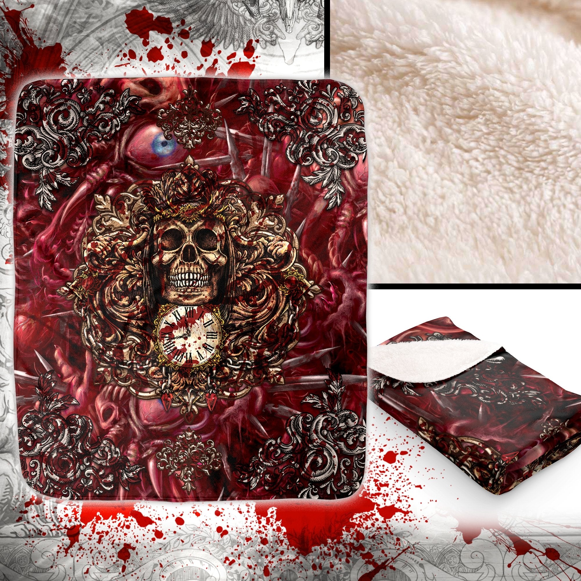 Horror Throw Fleece Blanket, Halloween Home Decor, Grim Reaper's Skull - Gore & Blood - Abysm Internal