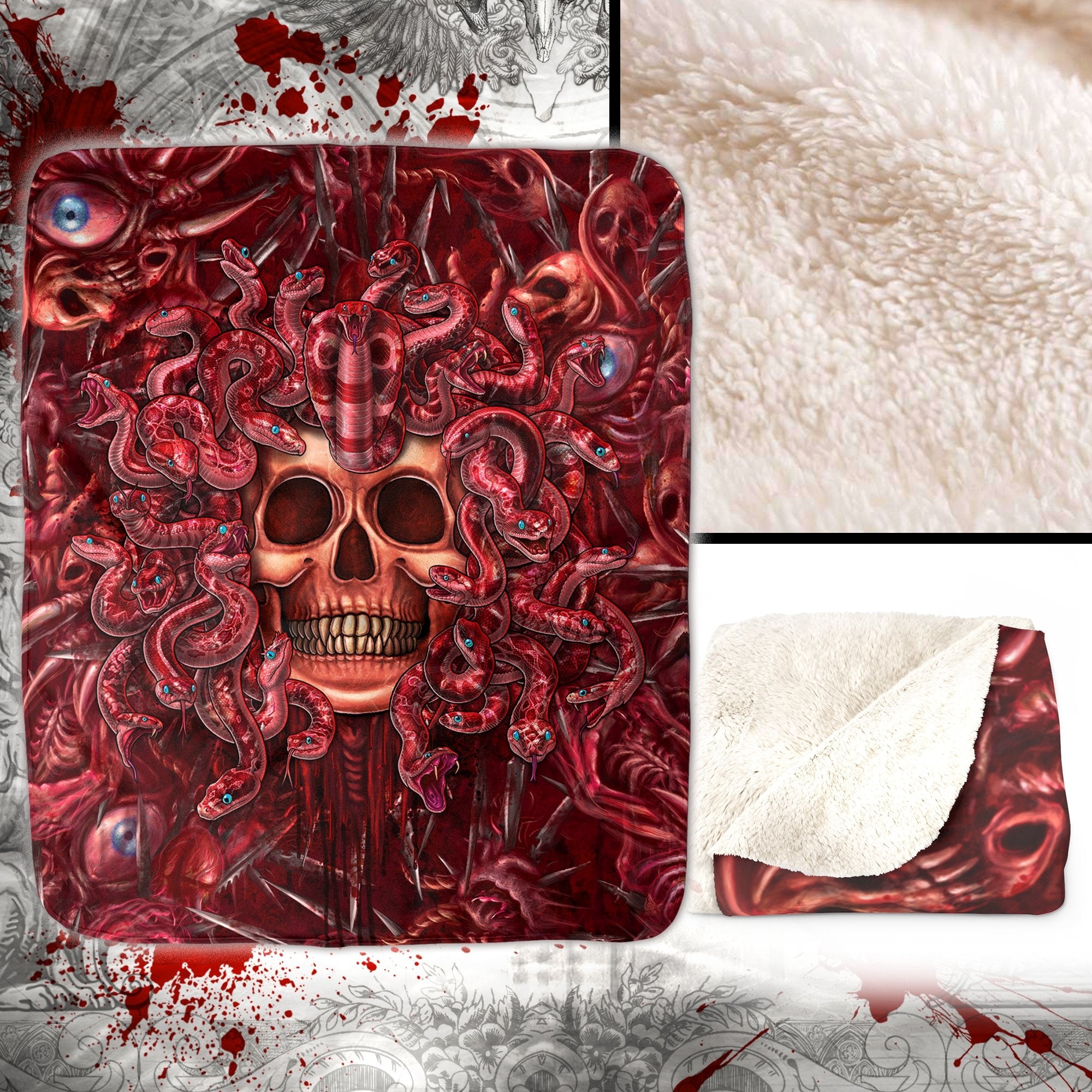 Horror Throw Fleece Blanket, Halloween Home Decor - Medusa Skull, Gore & Blood - Abysm Internal