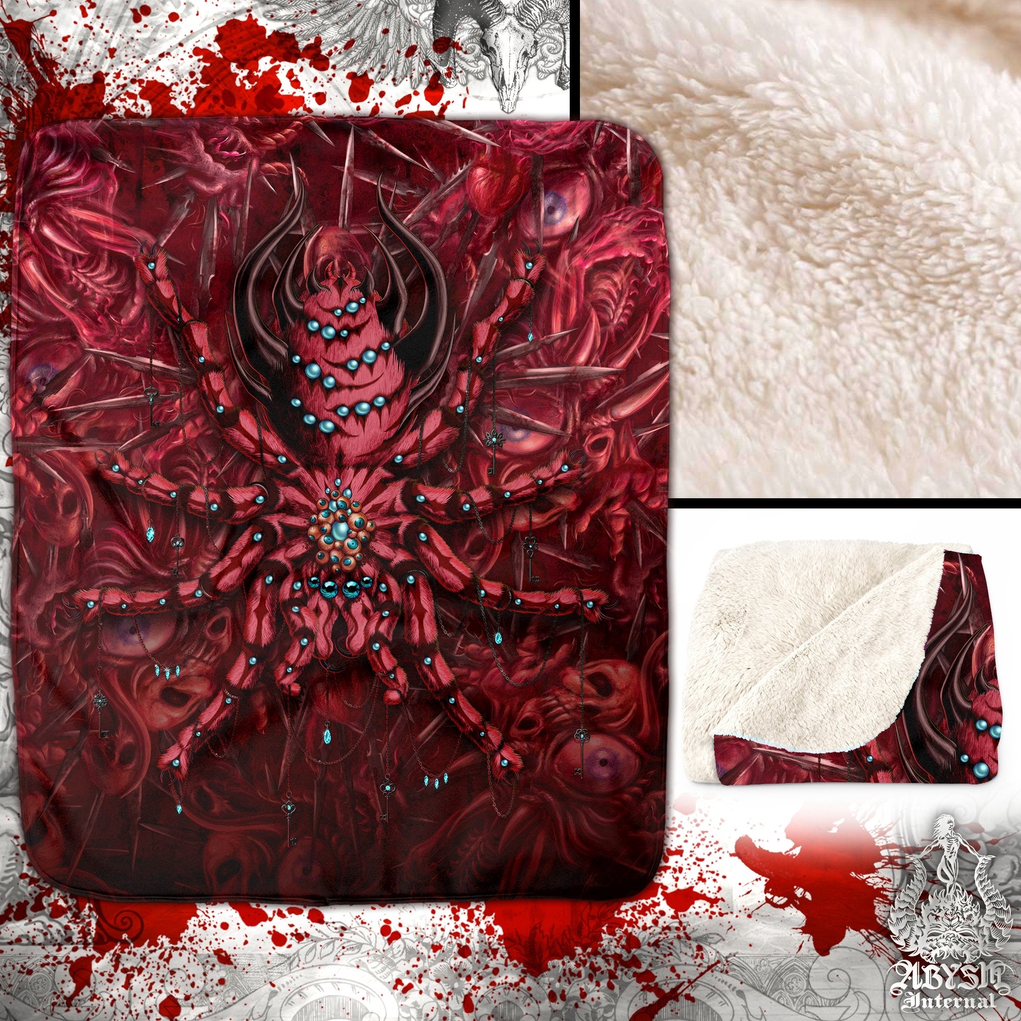 Horror Throw Fleece Blanket, Halloween Home Decor - Spider, Gore and Blood, Tarantula Art - Abysm Internal