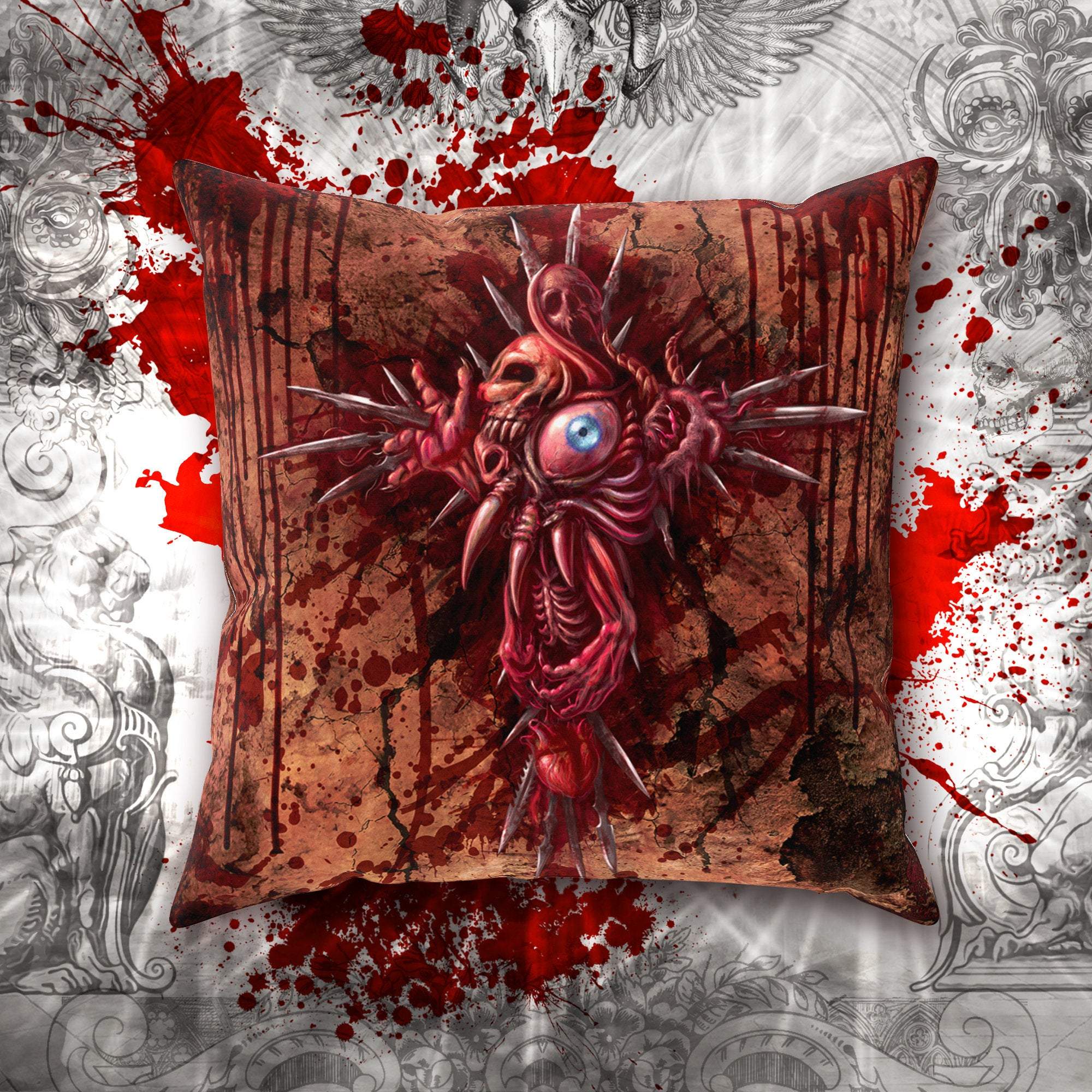 Horror Throw Pillow, Decorative Accent Cushion, Gore & Blood, Halloween Room Decor, Fantasy Art, Alternative Home - Dark Grunge Cross - Abysm Internal