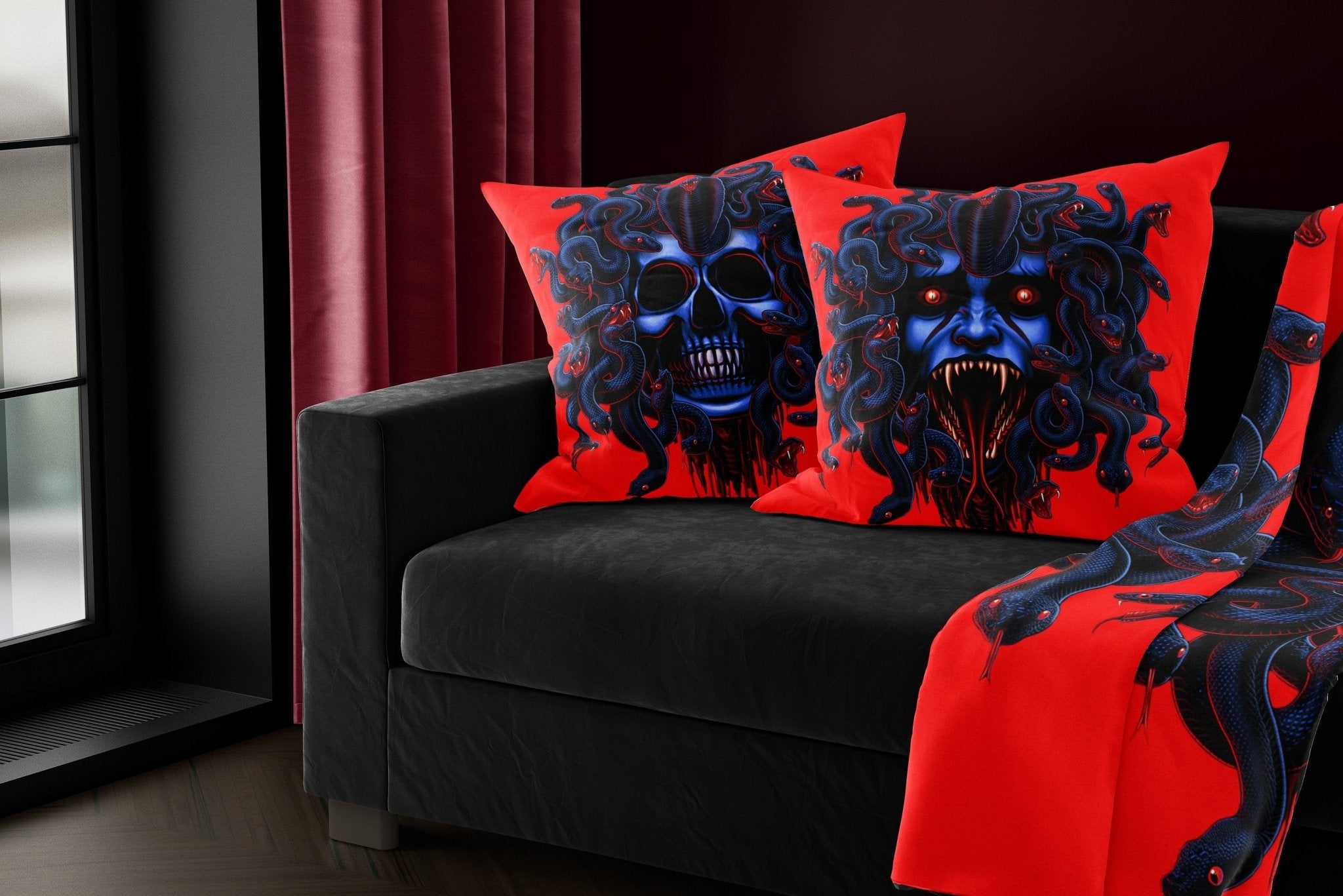 Horror Throw Pillow, Decorative Accent Cushion, Gothic Neon Room Decor, Macabre Art, Alternative Home - Black Medusa Skull & Snakes - Abysm Internal
