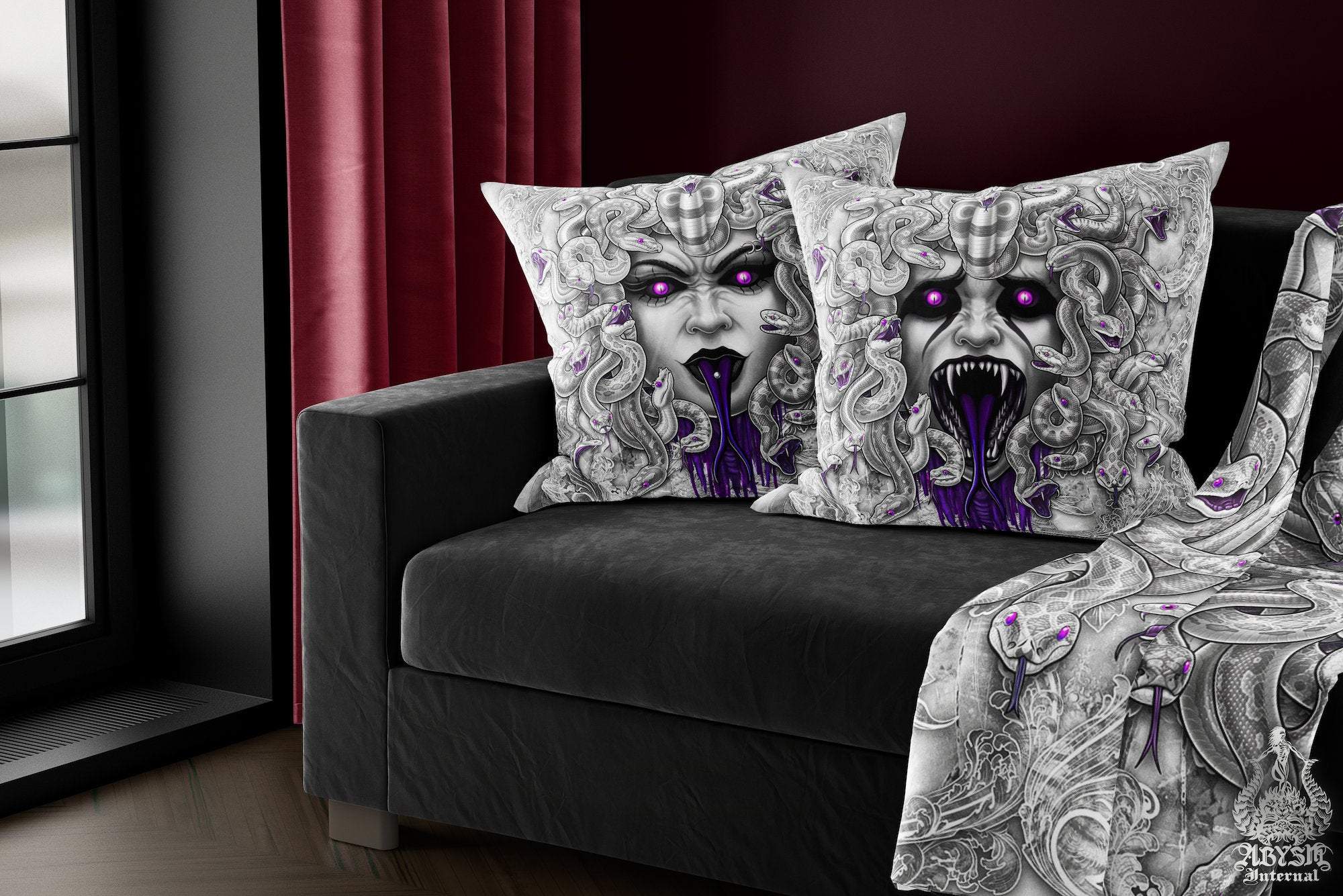 Horror Throw Pillow, Decorative Accent Cushion, Gothic Room Decor, Gamer Room Decor, Alternative Home - Medusa, White Goth & Purple Snakes, Mock - Abysm Internal