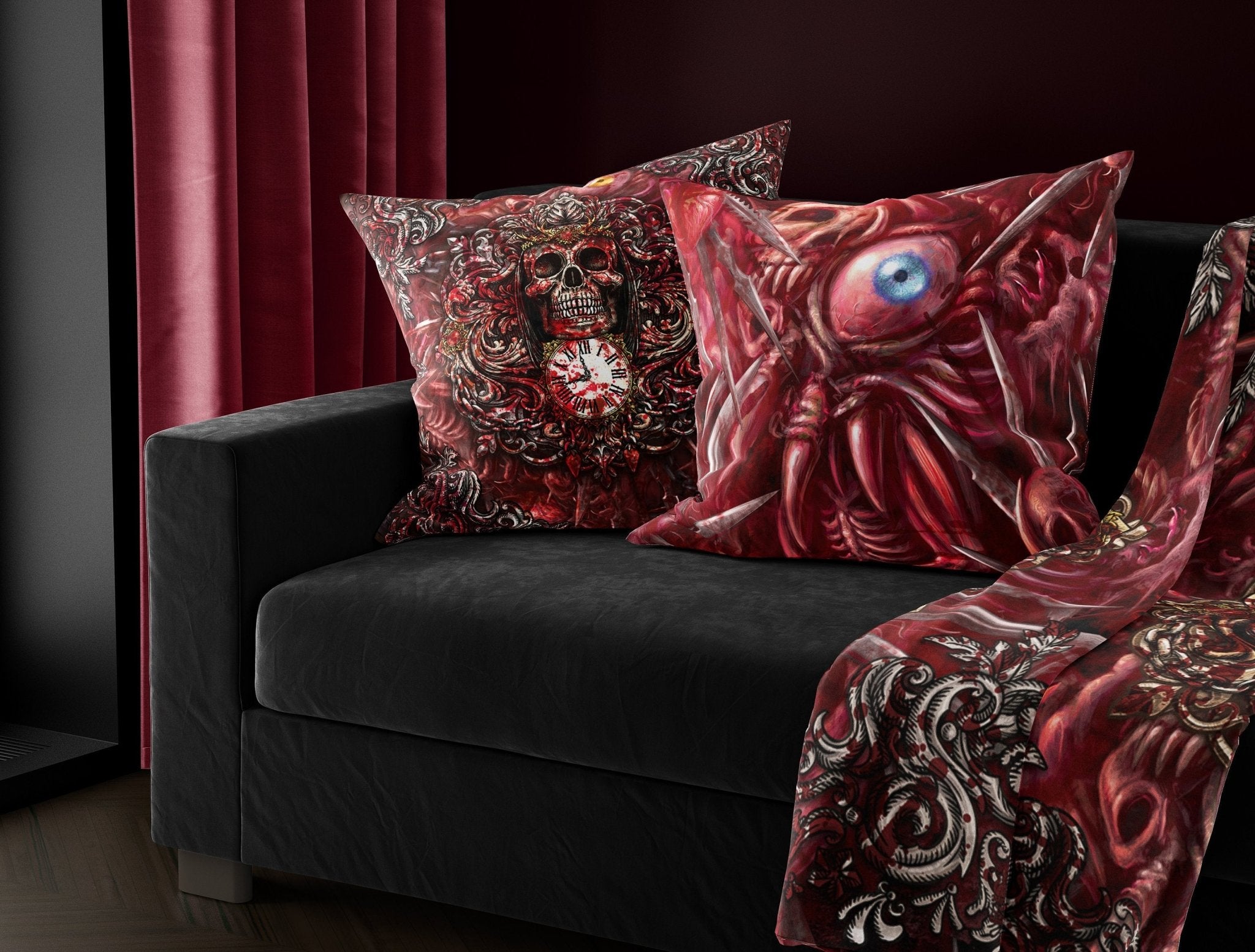 Horror Throw Pillow, Decorative Accent Cushion, Grim Reaper, Skull Art, Halloween, Alternative Home - Gore & Blood - Abysm Internal