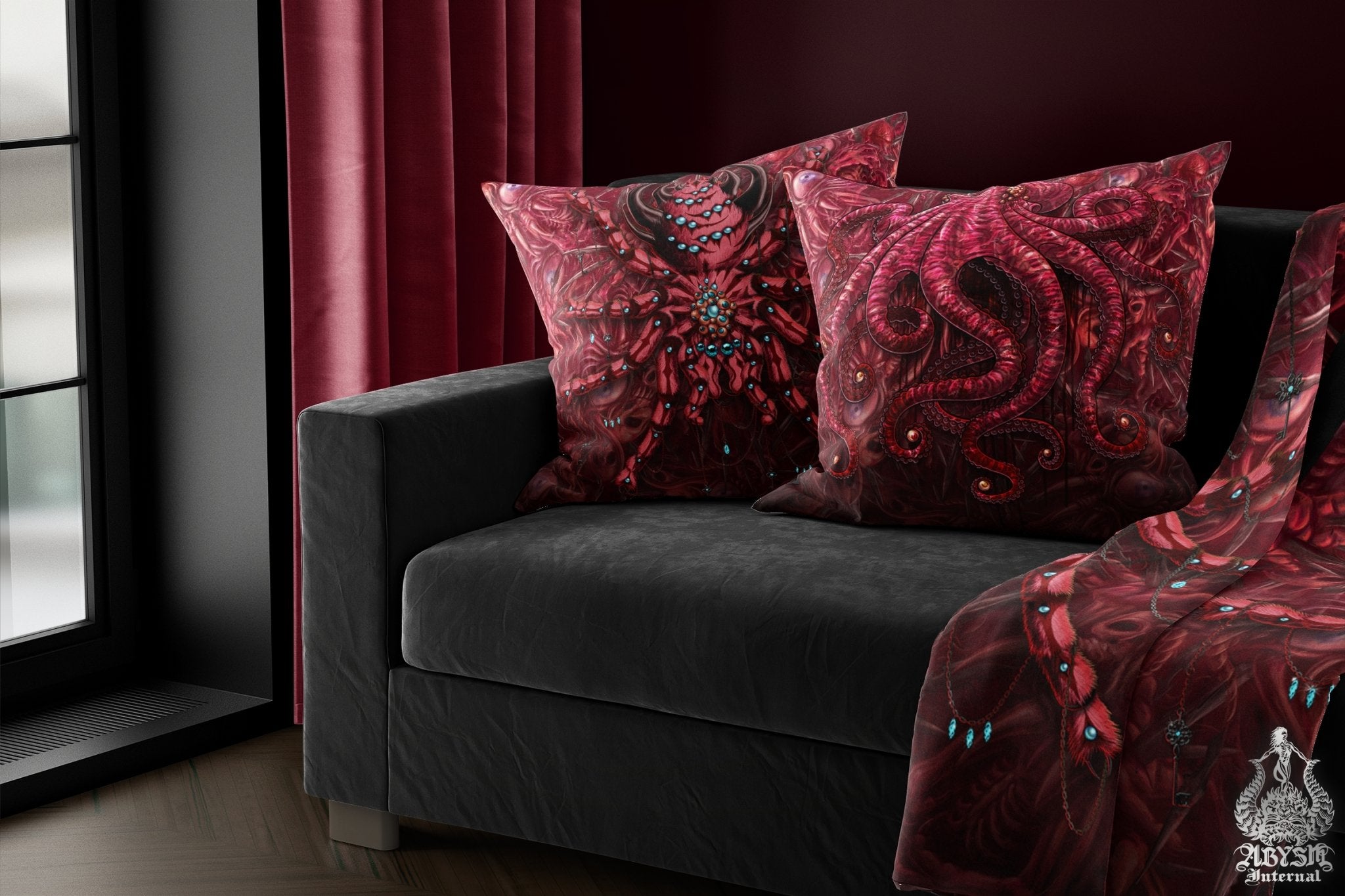 Horror Throw Pillow, Decorative Accent Cushion, Halloween Room Decor, Alternative Home - Tarantula, Spider, Gore and Blood - Abysm Internal