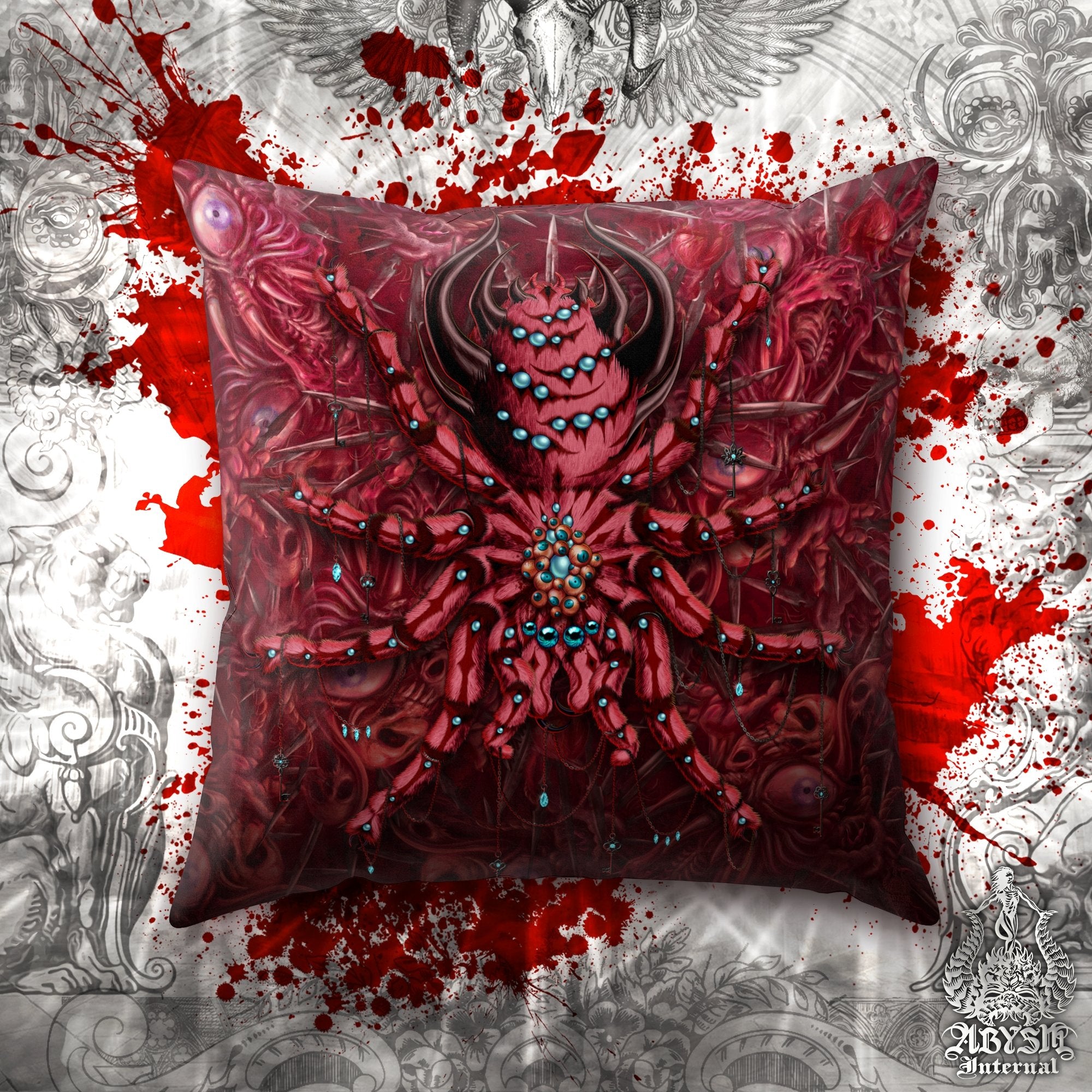 Horror Throw Pillow, Decorative Accent Cushion, Halloween Room Decor, Alternative Home - Tarantula, Spider, Gore and Blood - Abysm Internal