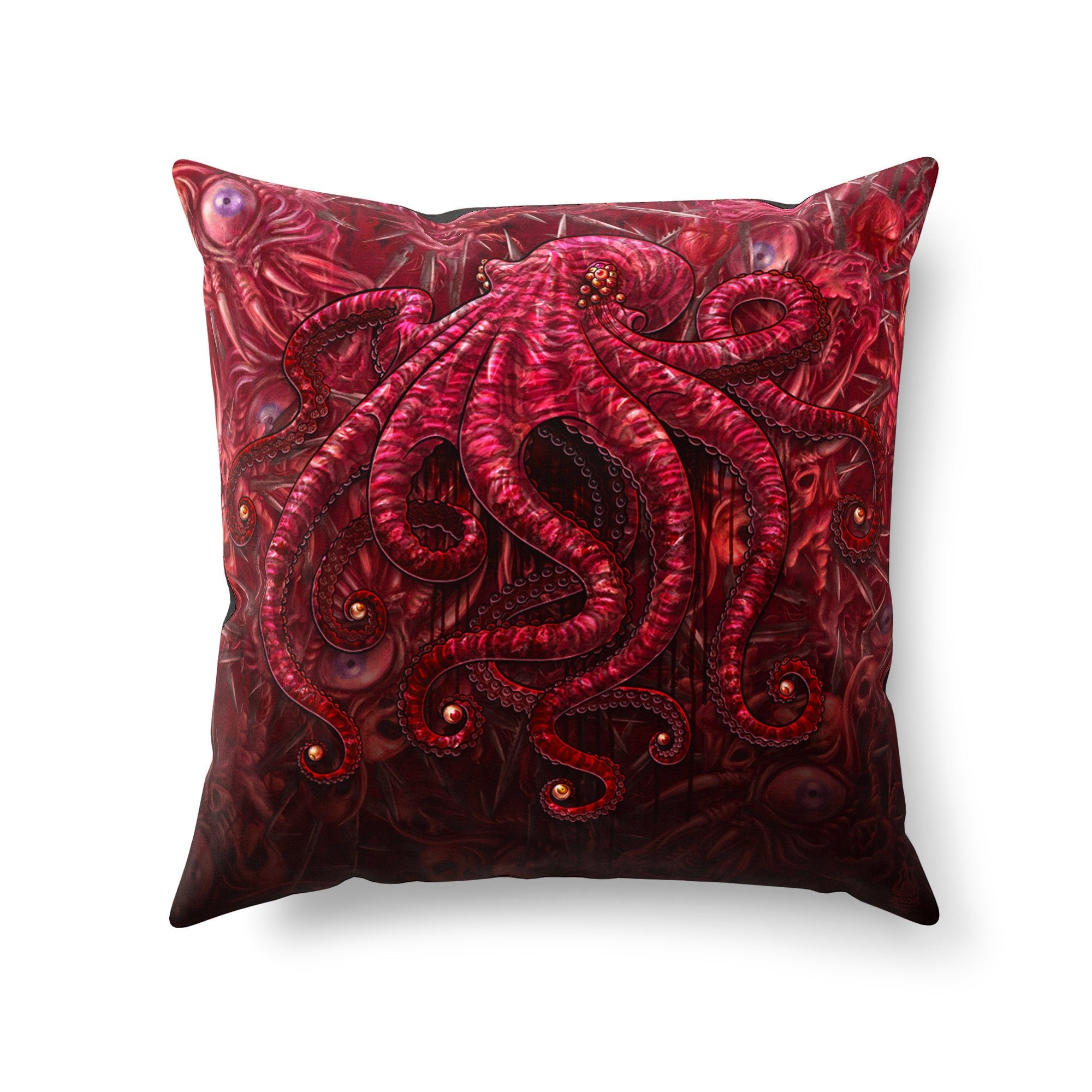 Horror Throw Pillow, Decorative Accent Cushion, Halloween Room Decor, Sea Monster, Eyeballs, Alternative Home - Gore & Flesh Octopus - Abysm Internal