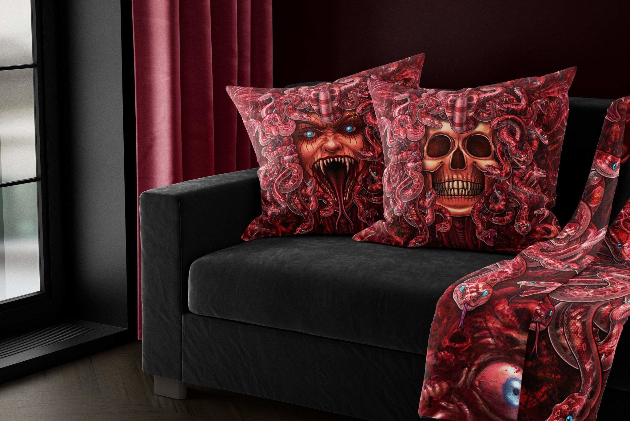 Horror Throw Pillow, Decorative Accent Cushion, Medusa, Halloween Room Decor, Alternative Home - Gore & Flesh Snakes, Rage - Abysm Internal