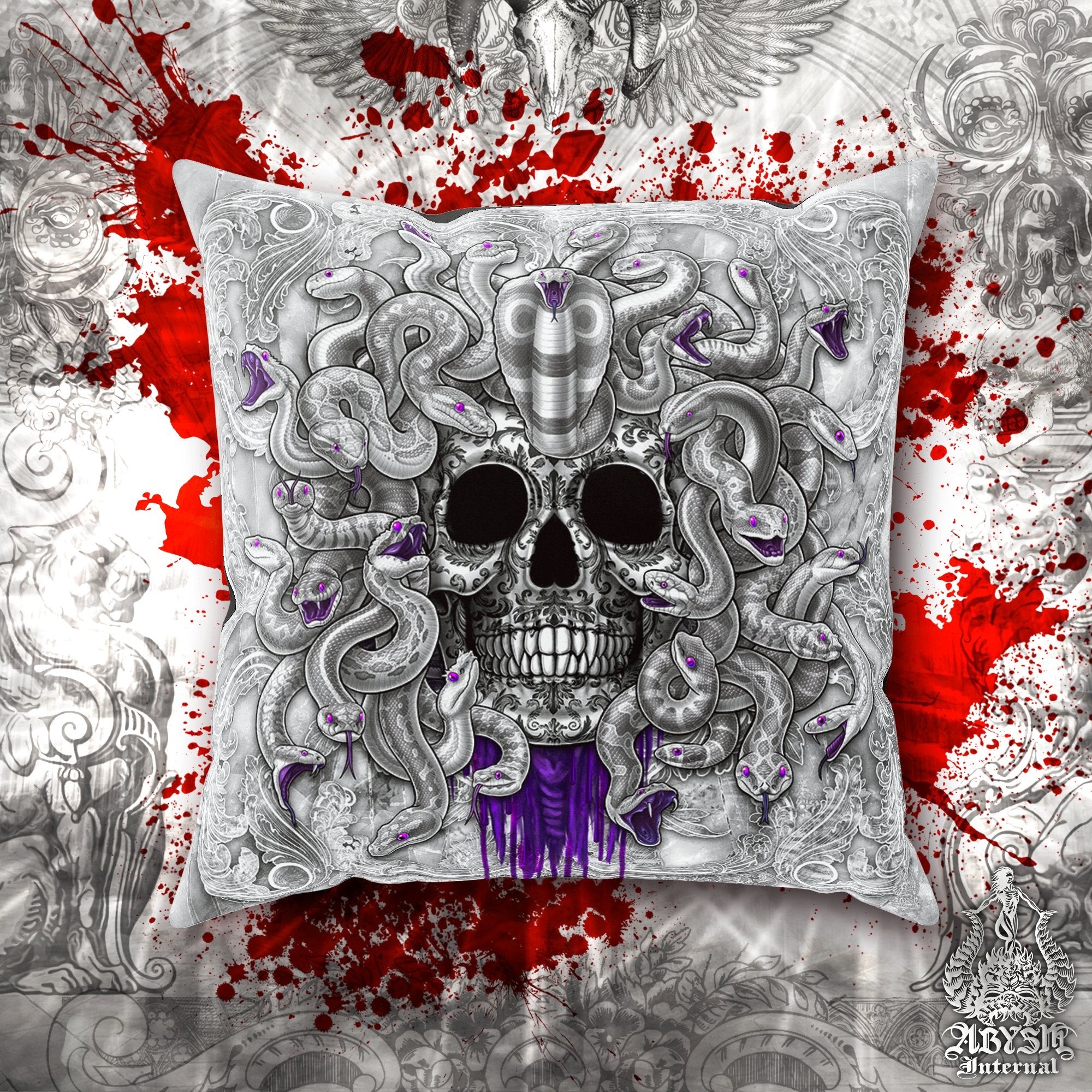 Horror Throw Pillow, Decorative Accent Pillow, Square Cushion Cover, Skull Art, Gothic Room Decor, Gamer Room Decor, Alternative Home - Medusa, White Goth & Purple Snakes, 4 Faces - Abysm Internal