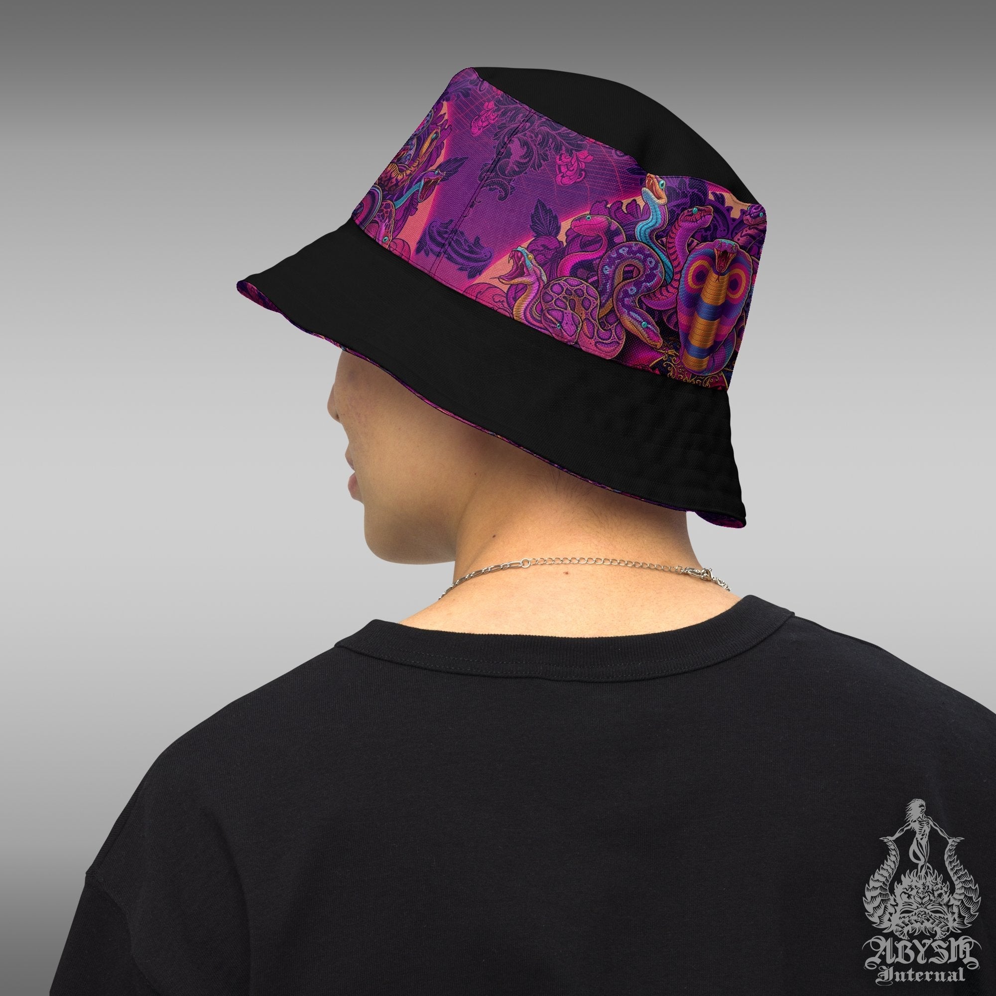 Indie Bucket Hat, Original Streetwear, Snakes Summer Hat, Beach Accessory with Linen feel, Reversible & Unisex - Colorful Medusa - Abysm Internal