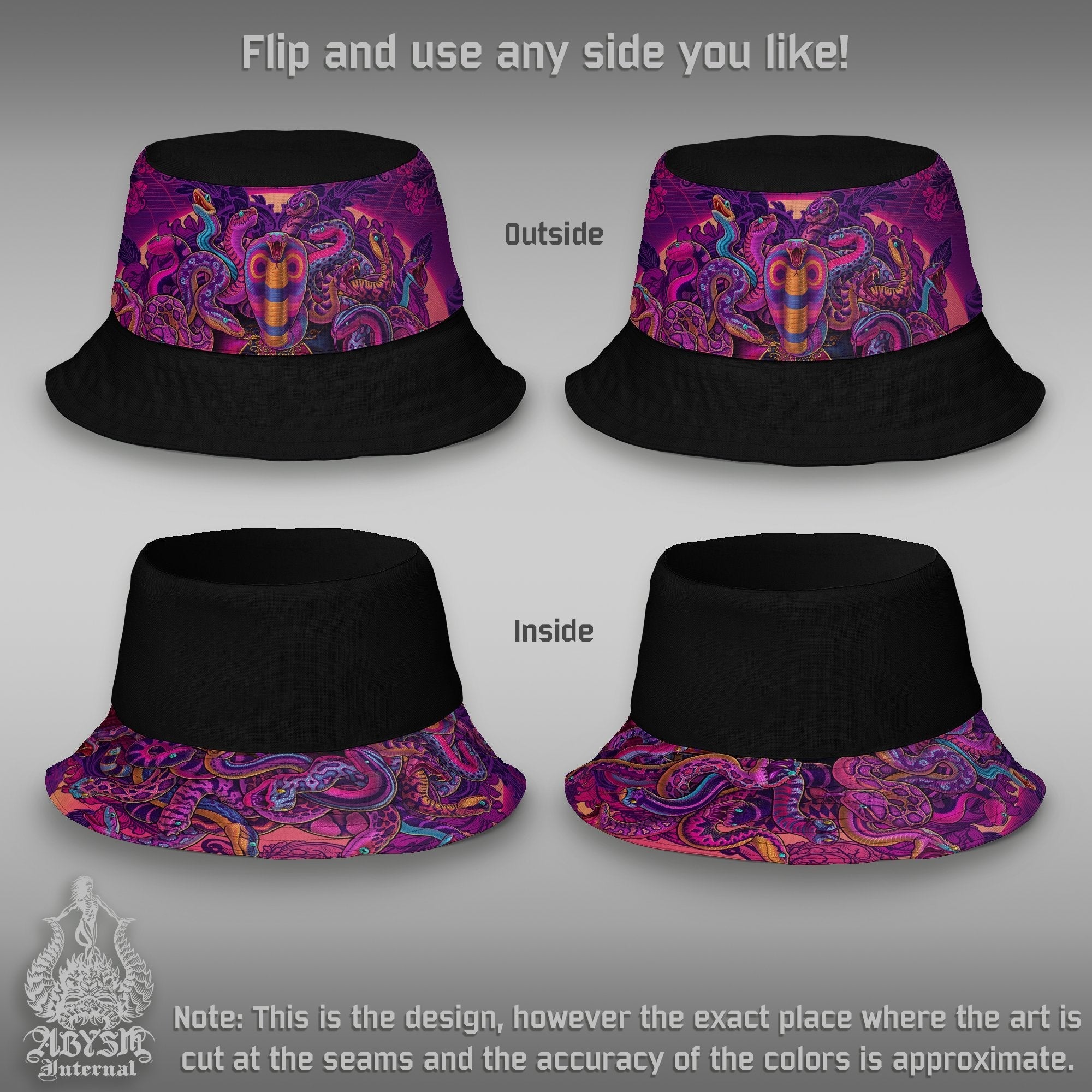 Indie Bucket Hat, Original Streetwear, Snakes Summer Hat, Beach Accessory with Linen feel, Reversible & Unisex - Colorful Medusa - Abysm Internal