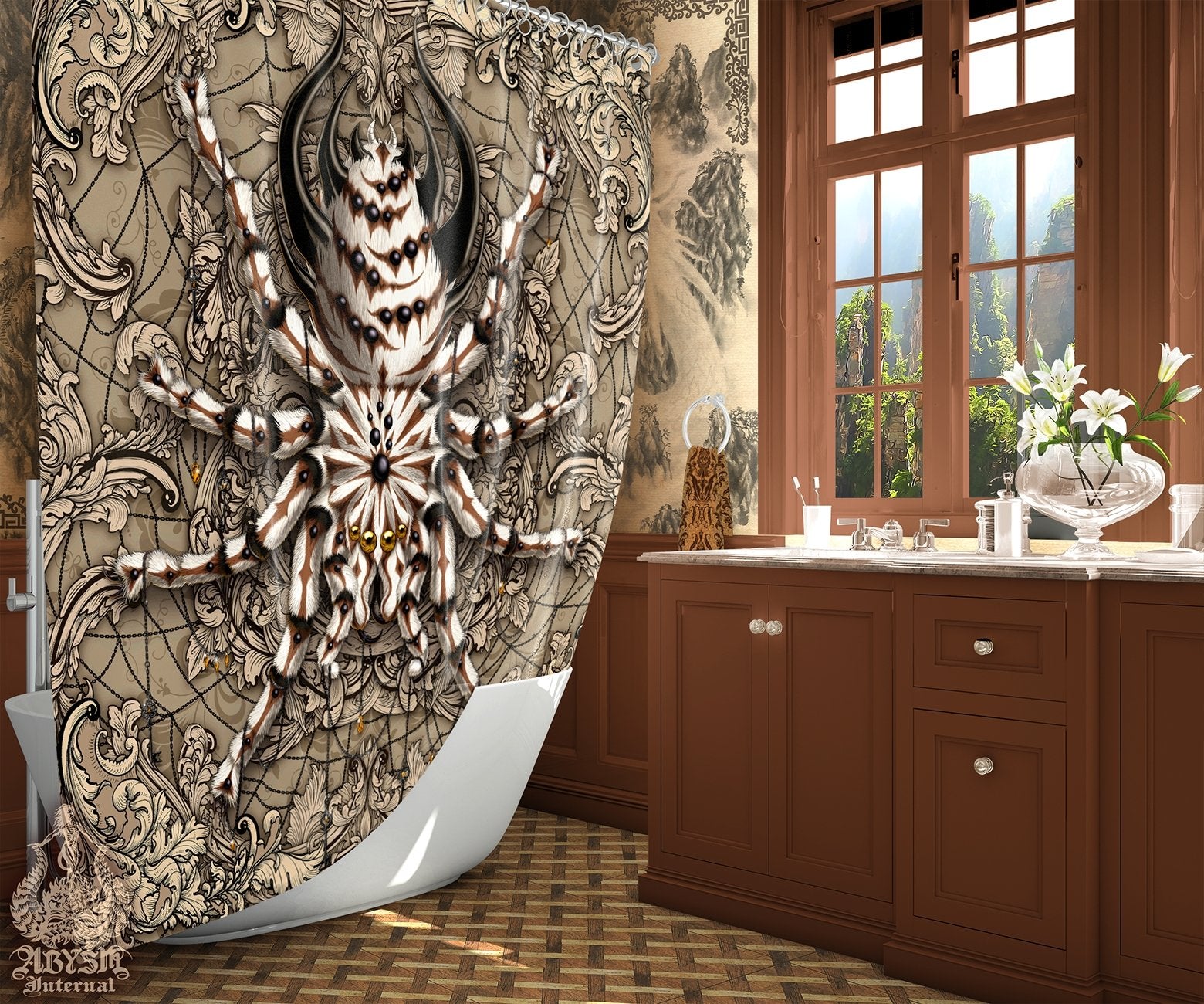 Indie Shower Curtain, Boho Bathroom Decor, Eclectic and Funky Home - Spider, Cream, Tarantula Art - Abysm Internal