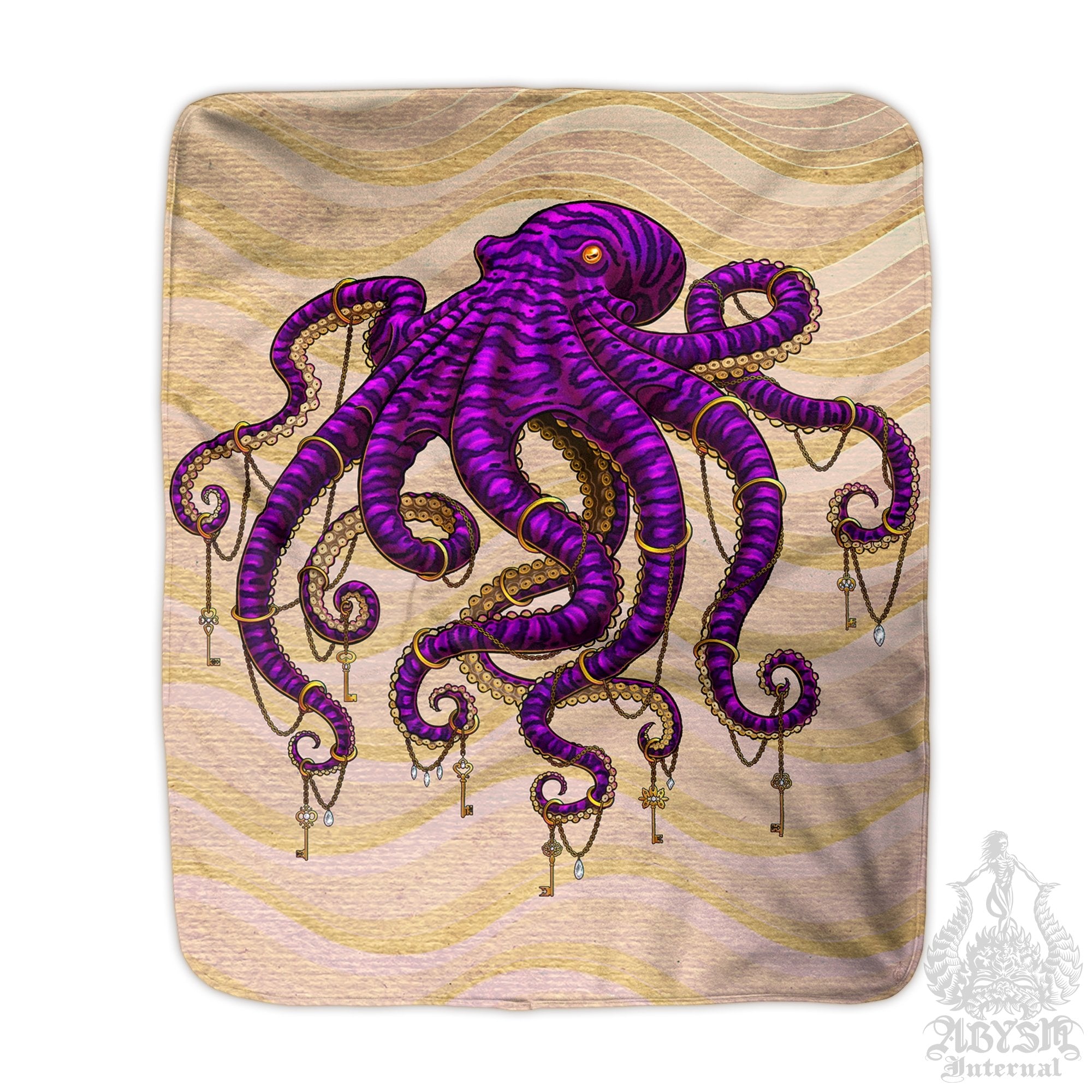 Indie Throw Fleece Blanket, Boho Beach Home Decor, Indie - Sand and Purple Octopus - Abysm Internal
