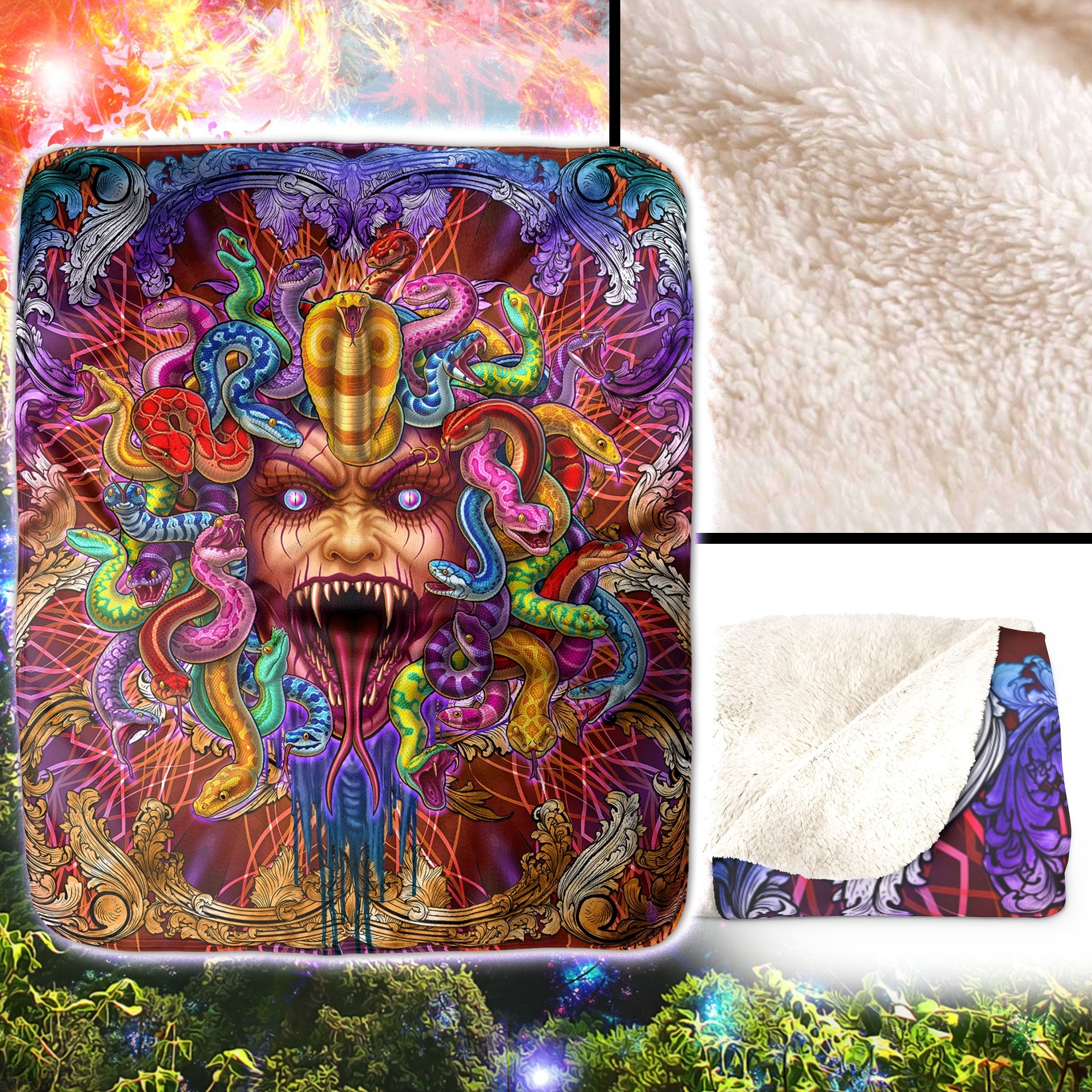 Indie Throw Fleece Blanket, Eclectic & Alternative Decor, Eclectic and Funky Gift - Psychedelic Medusa, Rage - Abysm Internal