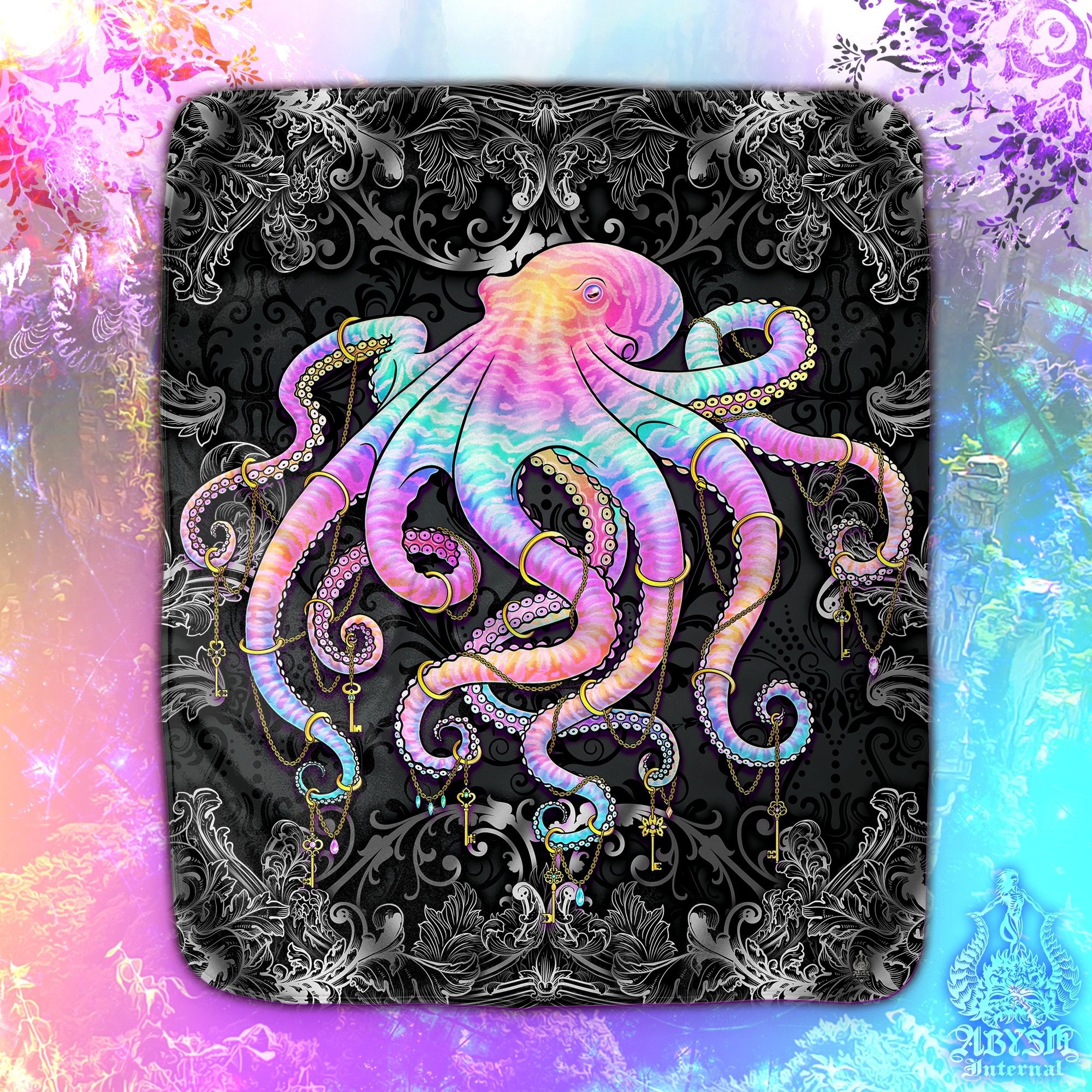 Indie Throw Fleece Blanket, Psychedelic Gift, Boho Beach Home Decor, Eclectic and Funky Gift - Dark Pastel Punk , Black Octopus - Abysm Internal