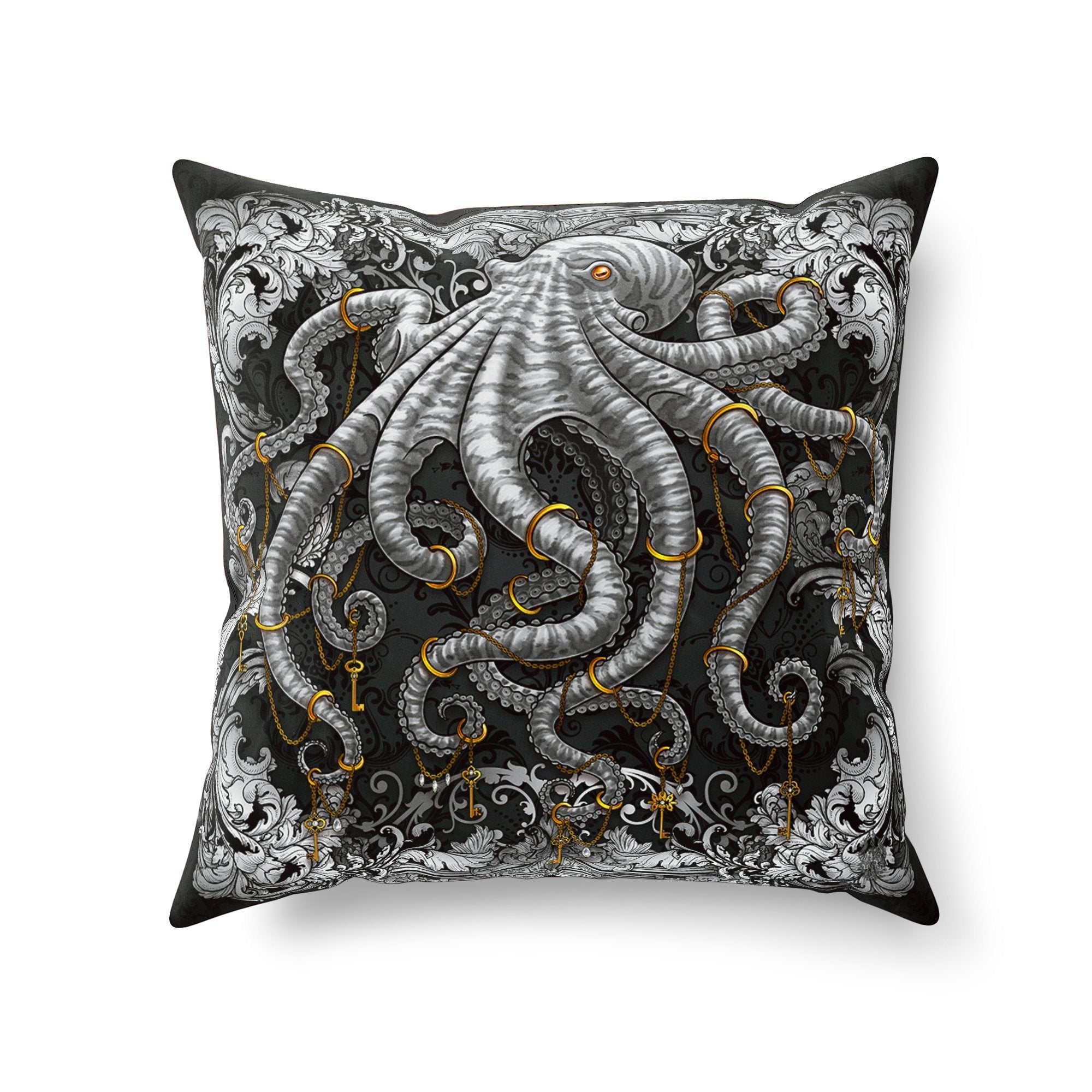 Indie Throw Pillow, Decorative Accent Cushion, Beach Home Decor, Indie and Eclectic Design, Alternative - Silver Octopus & Black - Abysm Internal