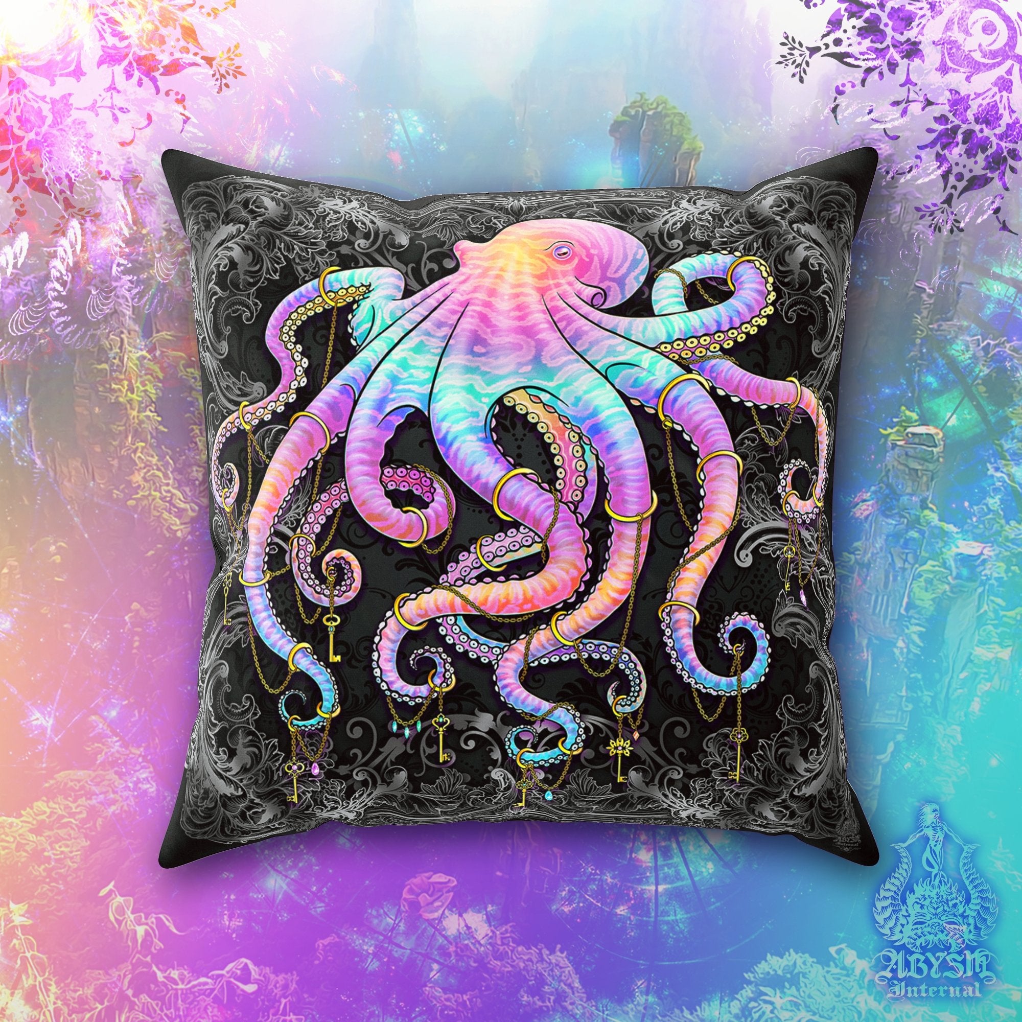 Indie Throw Pillow, Decorative Accent Cushion, Eclectic Beach Decor, Funky Home - Dark Pastel Punk Octopus - Abysm Internal
