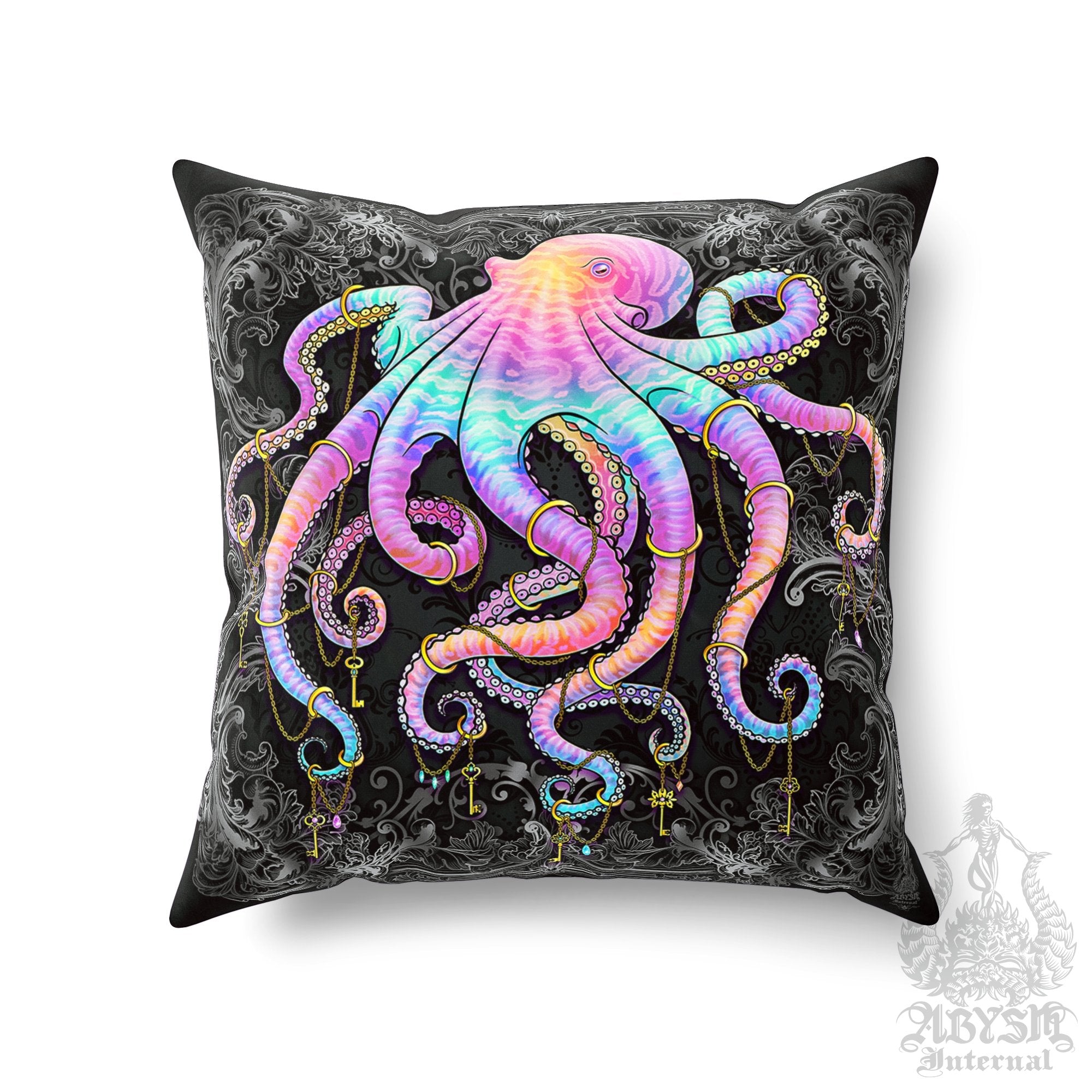 Indie Throw Pillow, Decorative Accent Cushion, Eclectic Beach Decor, Funky Home - Dark Pastel Punk Octopus - Abysm Internal