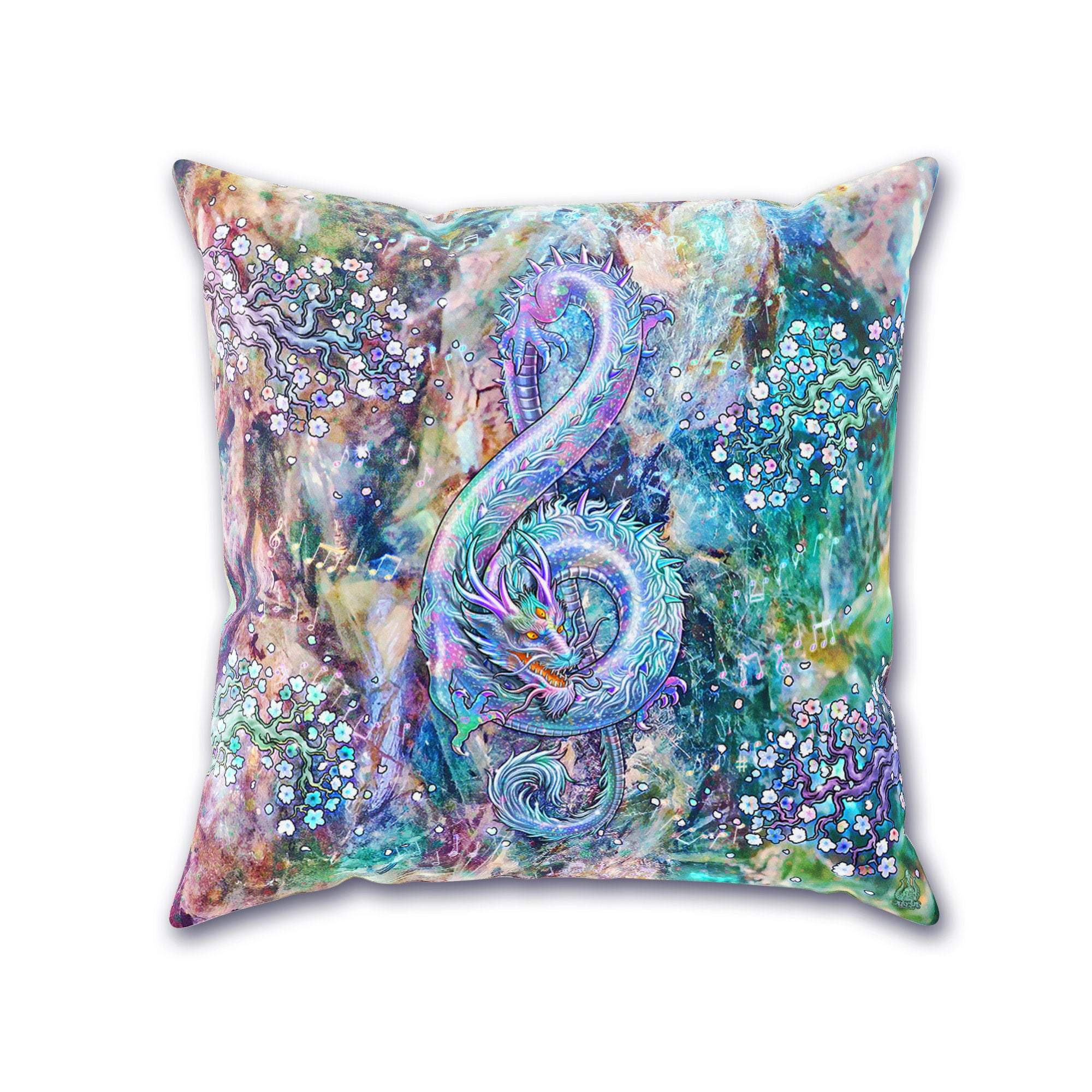 Indie Throw Pillow, Decorative Accent Cushion, Eclectic Design, Music Room Decor - Treble Clef Dragon, Gemstone, Opal - Abysm Internal
