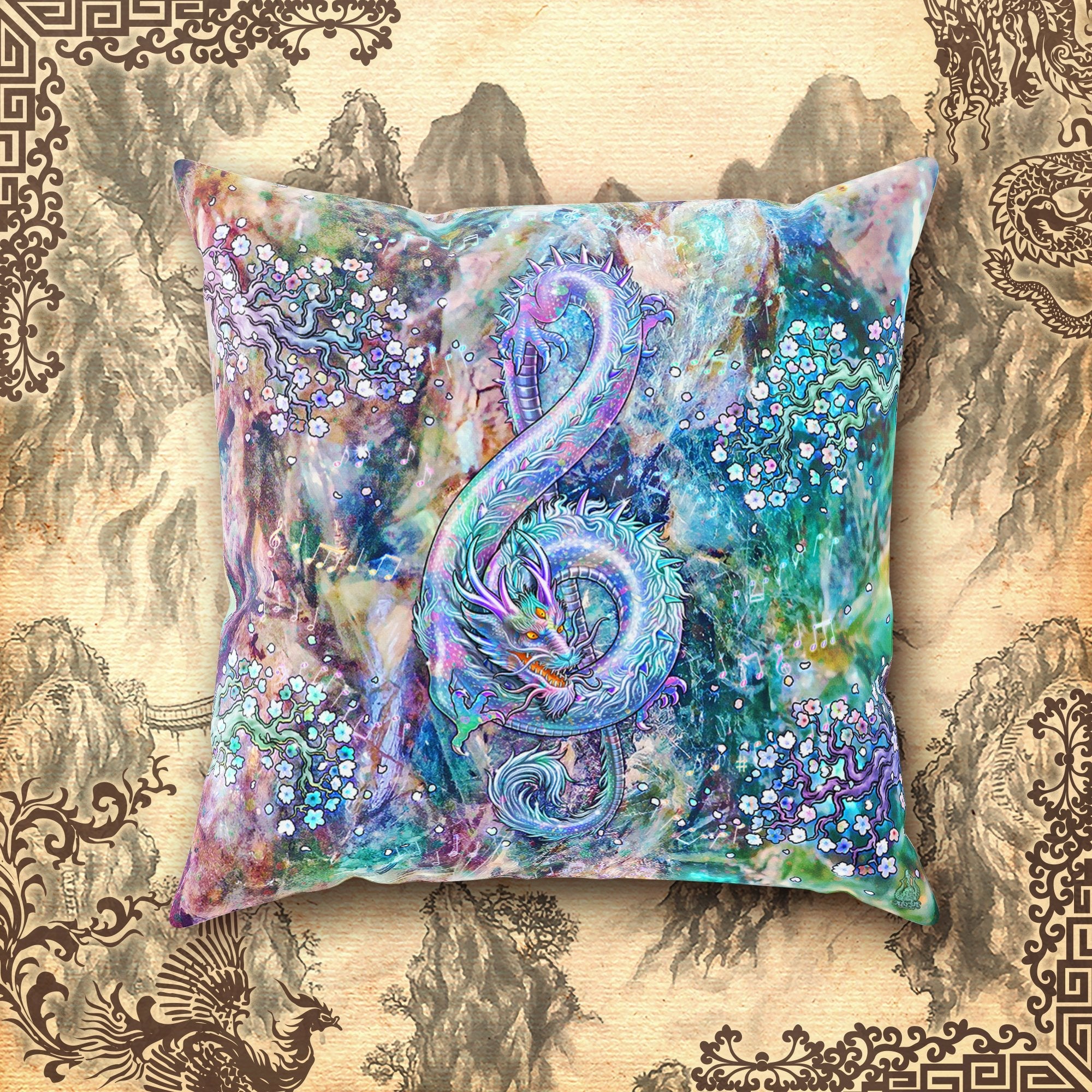 Indie Throw Pillow, Decorative Accent Cushion, Eclectic Design, Music Room Decor - Treble Clef Dragon, Gemstone, Opal - Abysm Internal