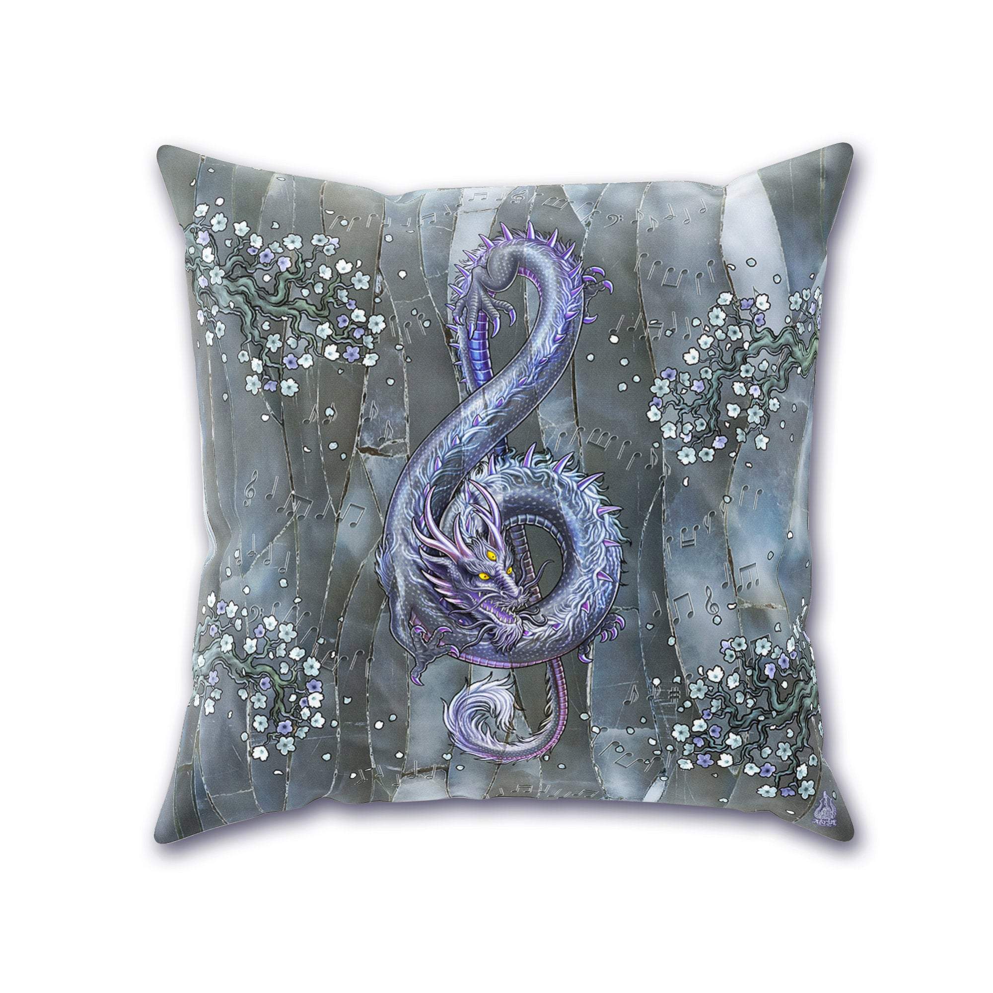 Indie Throw Pillow, Decorative Accent Cushion, Eclectic Design, Music Room Decor - Treble Clef Dragon, Gemstone, Stone - Abysm Internal