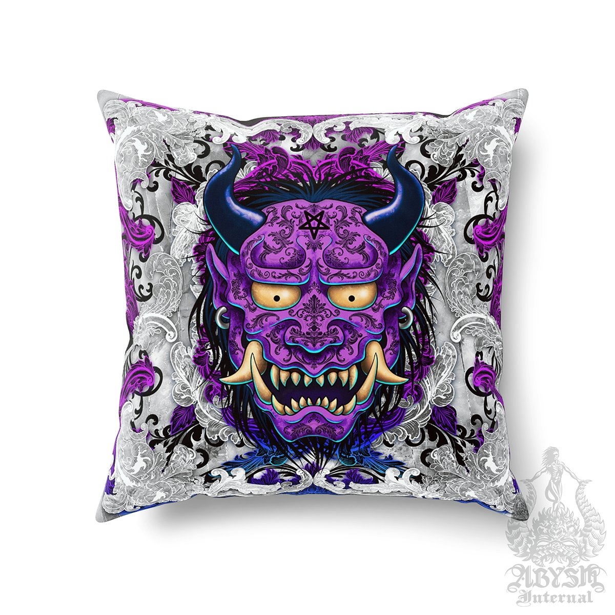 Japanese Demon Throw Pillow, Decorative Accent Cushion, Anime and Gamer Room Decor, Alternative Home - Pastel and White Goth Oni or Hannya - Abysm Internal