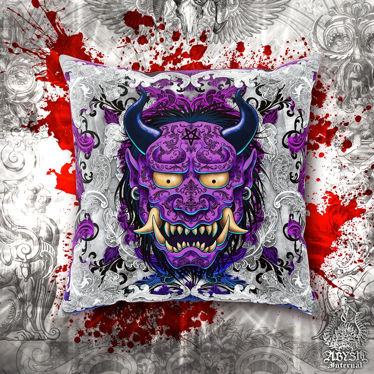 Japanese Demon Throw Pillow, Decorative Accent Cushion, Anime and Gamer Room Decor, Alternative Home - Pastel and White Goth Oni or Hannya - Abysm Internal