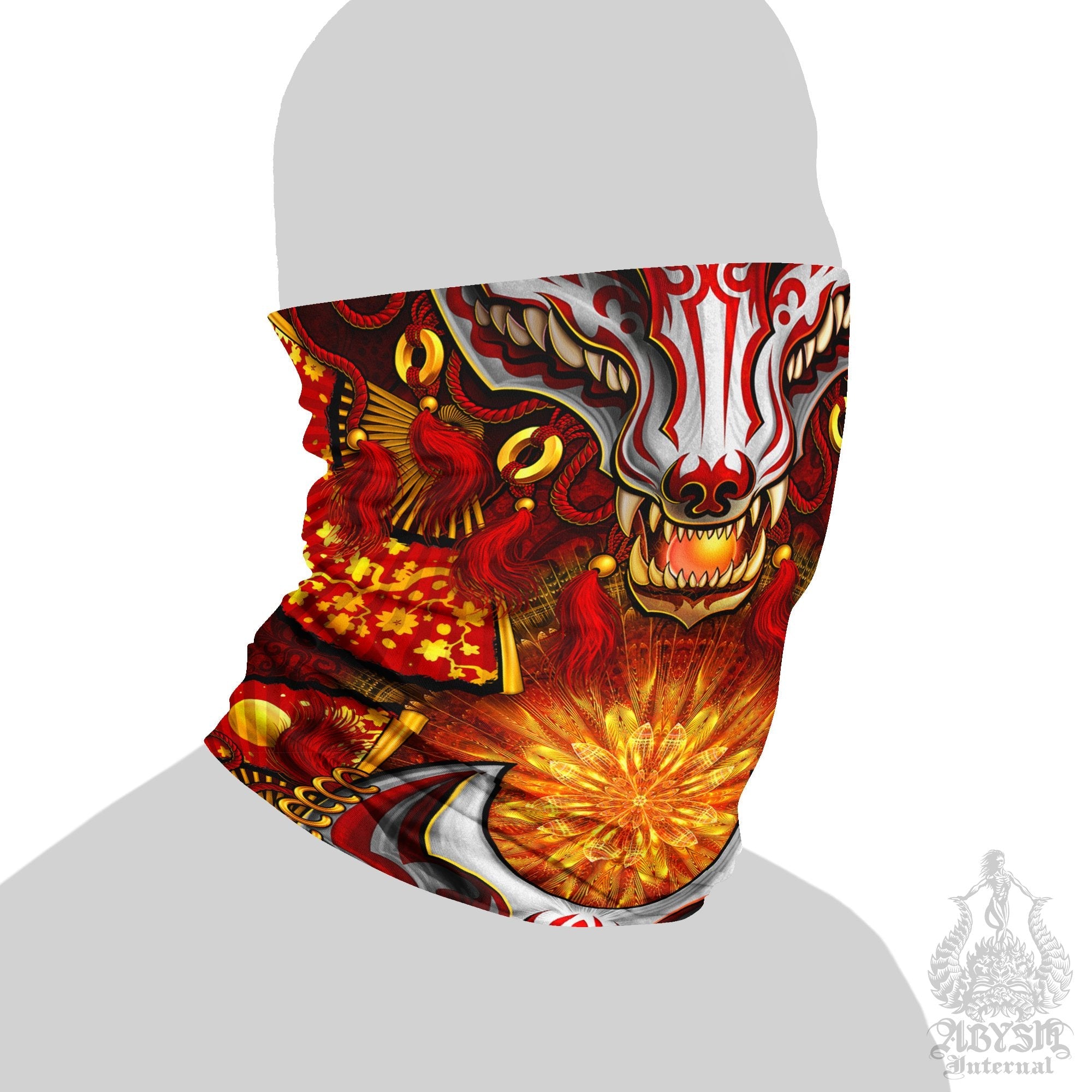 Japanese Neck Gaiter, Face Mask, Head Covering, Kitsune, Japanese Fox, Okami, Anime and Gamer Gift - Red & White - Abysm Internal