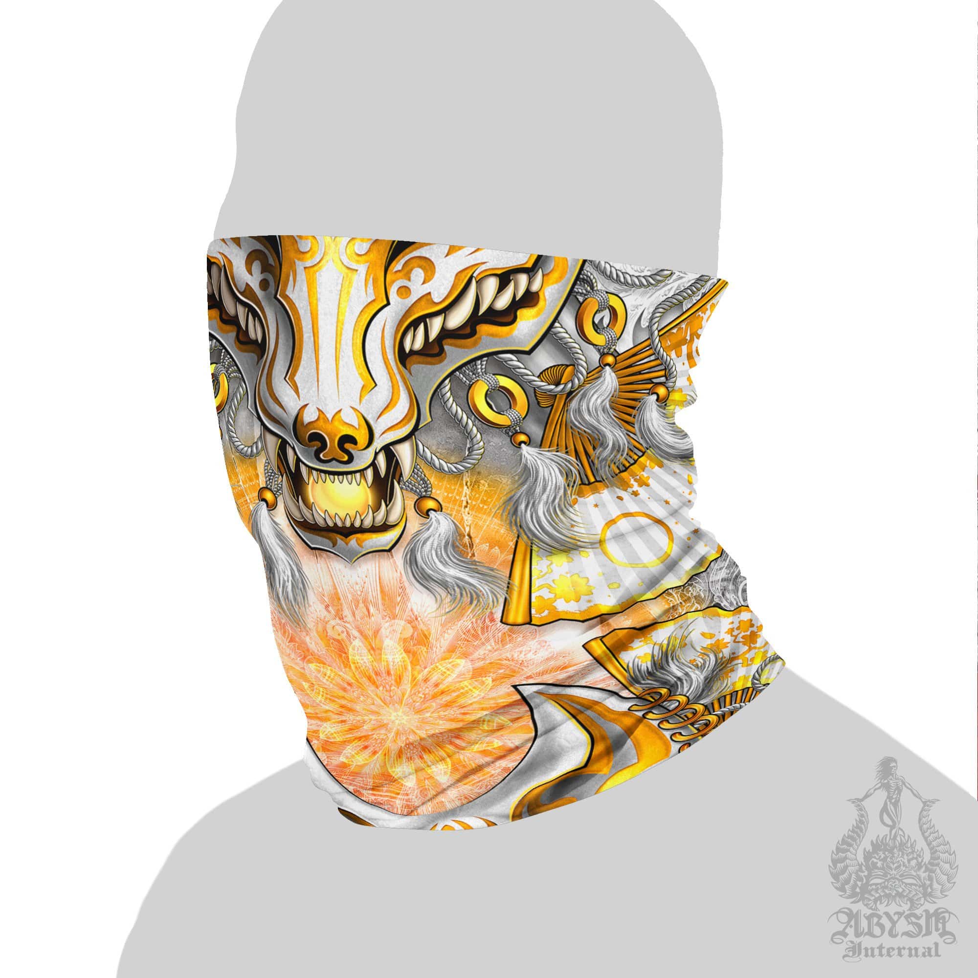 Japanese Neck Gaiter, Face Mask, Head Covering, Kitsune, Japanese Fox, Okami, Anime and Gamer Gift - White & Gold - Abysm Internal