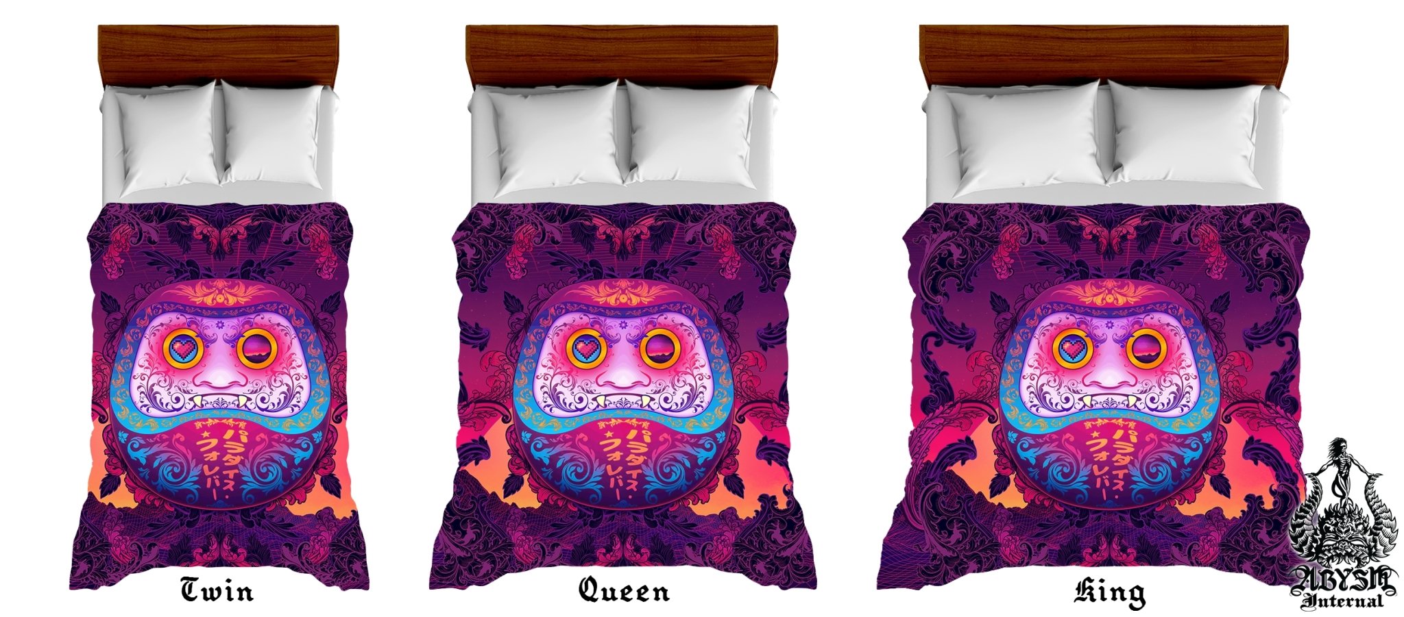 Japanese Vaporwave Bedding Set, Comforter and Duvet, Anime Bed Cover and Retrowave Bedroom Decor, King, Queen and Twin Size, Psychedelic Synthwave, 80s Gamer Room Art - Daruma - Abysm Internal