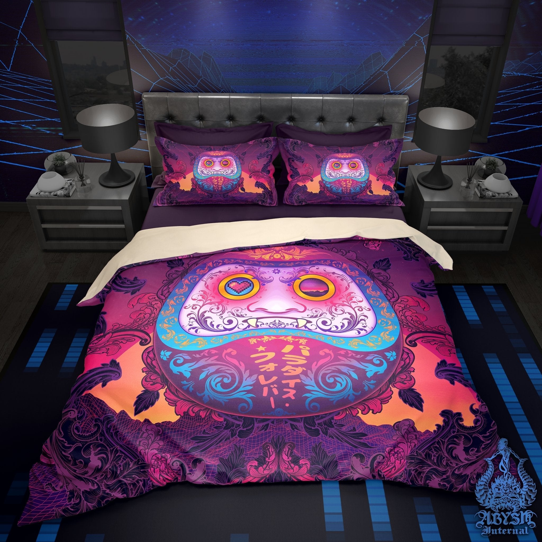 Japanese Vaporwave Bedding Set, Comforter and Duvet, Anime Bed Cover and Retrowave Bedroom Decor, King, Queen and Twin Size, Psychedelic Synthwave, 80s Gamer Room Art - Daruma - Abysm Internal