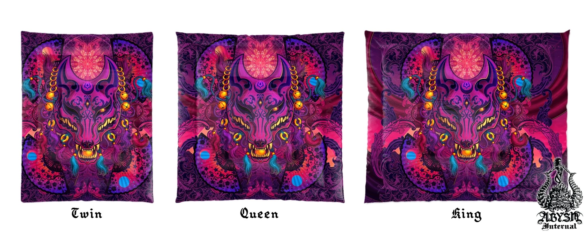 Japanese Vaporwave Bedding Set, Comforter and Duvet, Anime Bed Cover and Retrowave Bedroom Decor, King, Queen and Twin Size, Psychedelic Synthwave, 80s Gamer Room Art - Kitsune - Abysm Internal