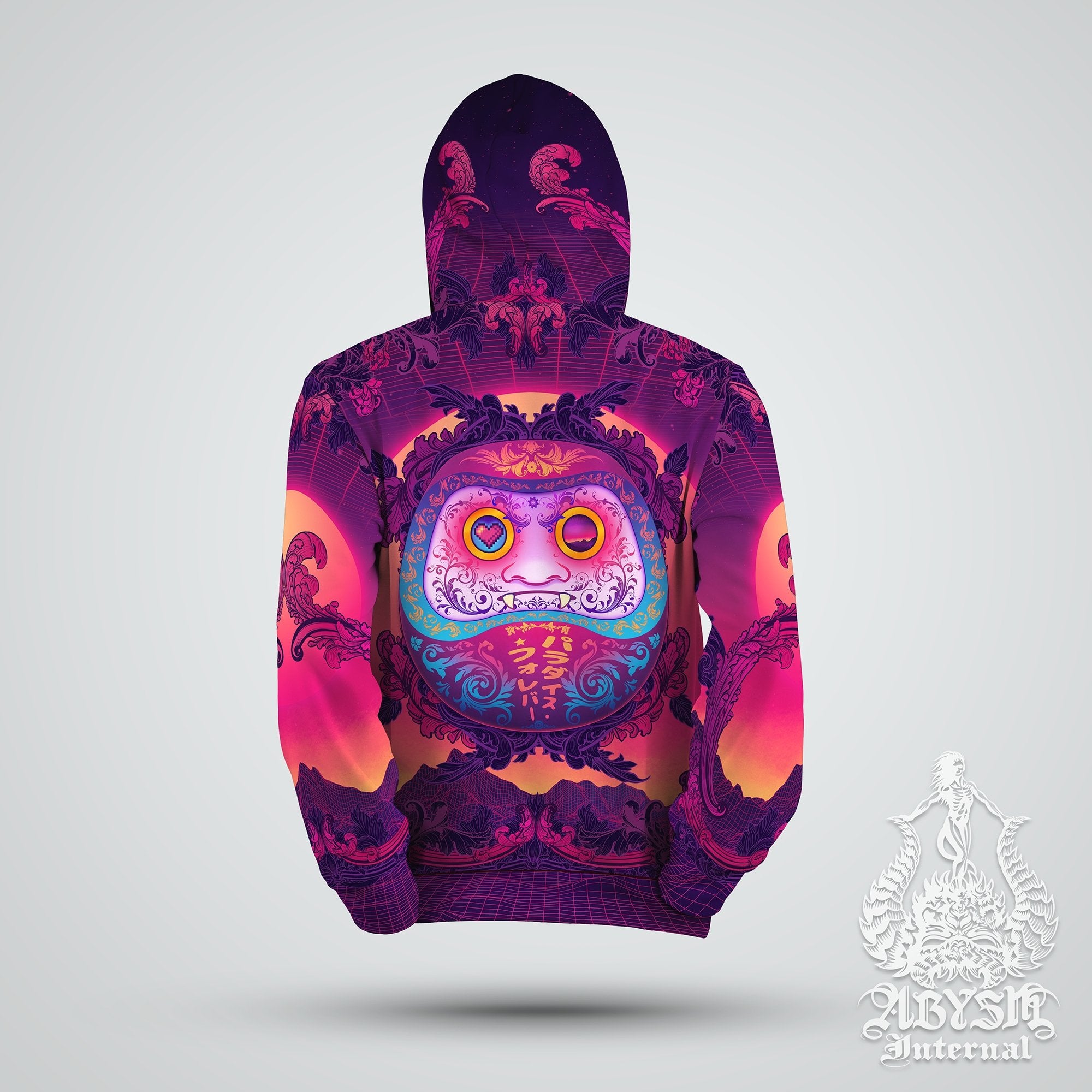 Japanese Vaporwave Hoodie, Trippy Outfit, Psychedelic Streetwear, Synthwave Festival, Alternative Clothing, Unisex Gift for Gamers, Anime & Manga fans - Retrowave Daruma - Abysm Internal