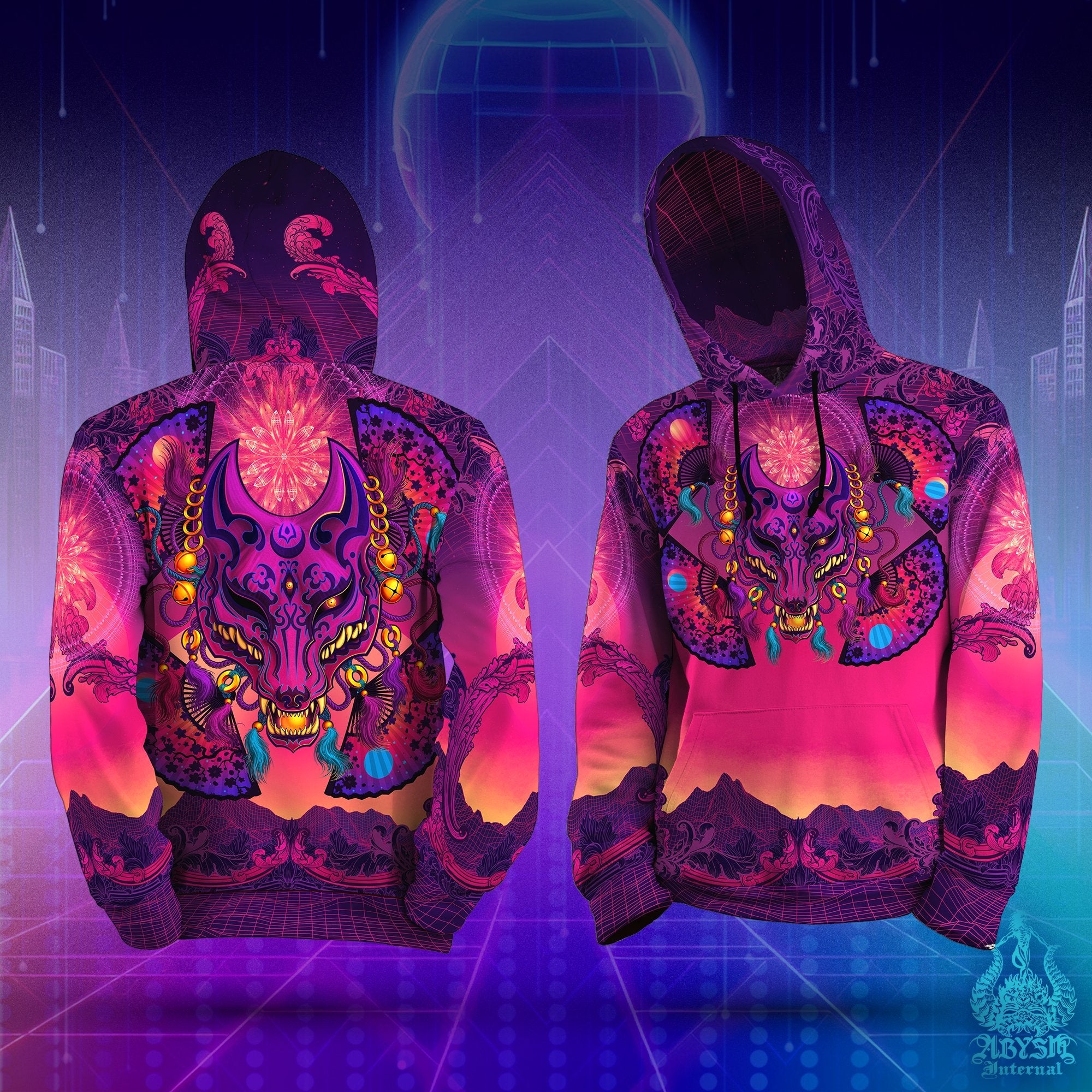 Japanese Vaporwave Hoodie, Trippy Outfit, Synthwave Streetwear, Psychedelic Festival, Alternative Clothing, Unisex Gift for Gamers, Anime & Manga fans - Retrowave Kitsune - Abysm Internal