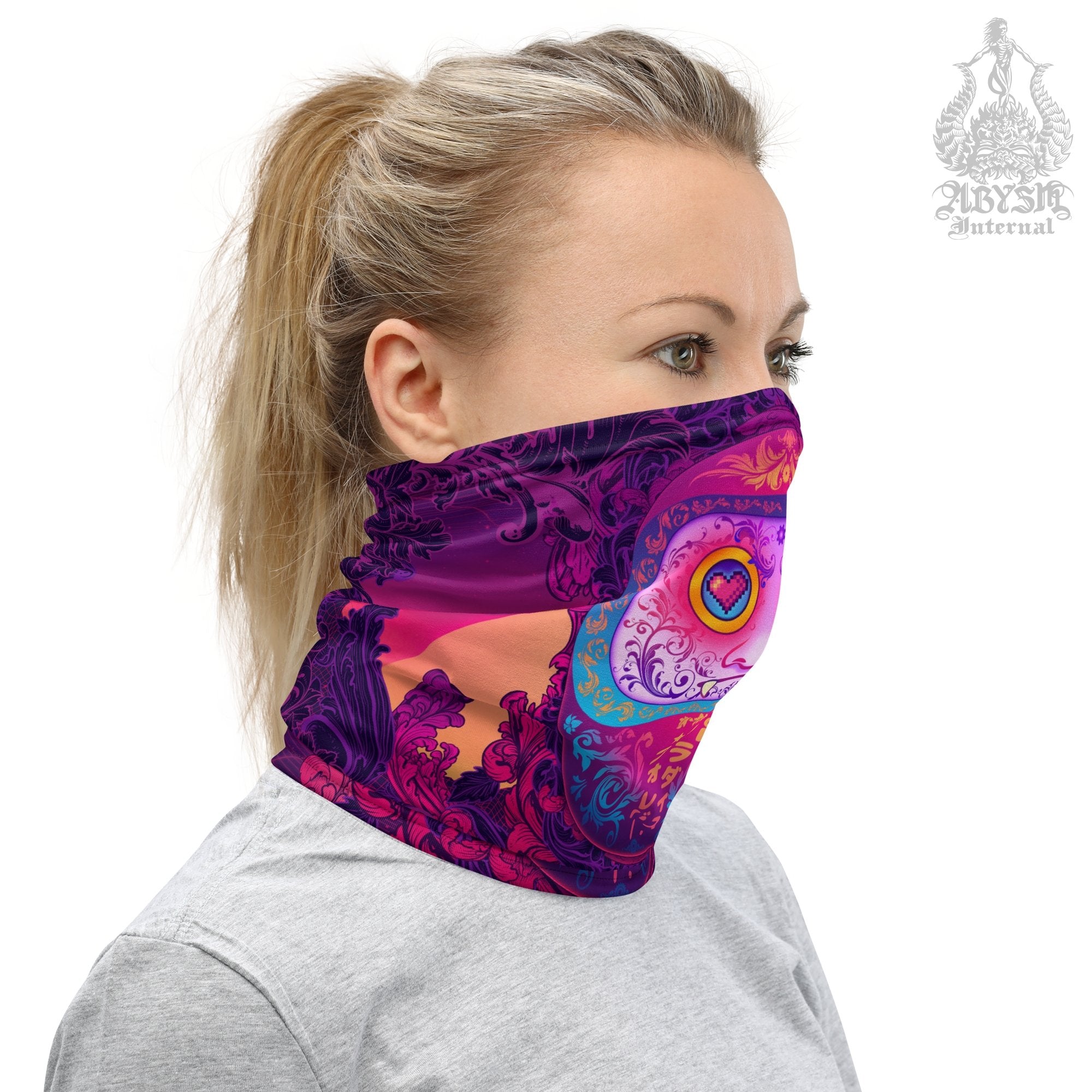 Japanese Vaporwave Neck Gaiter, Face Mask, Synthwave Head Covering, Psychedelic 80s Retrowave, Anime and Manga Convention or Outfit - Daruma - Abysm Internal